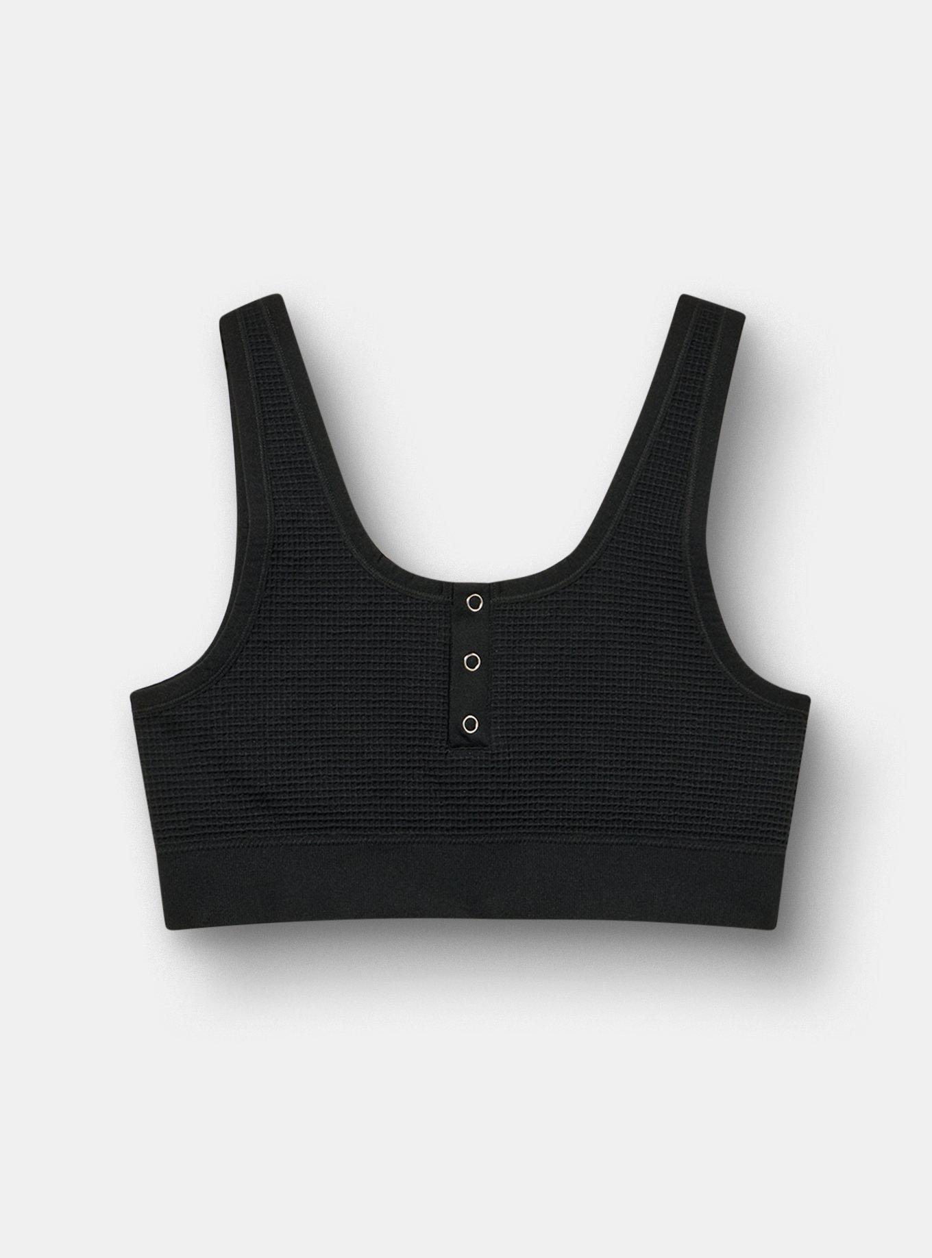 Plus Size Unlined Seamless Waffle Henley Scoop Bralette, RICH BLACK, flat