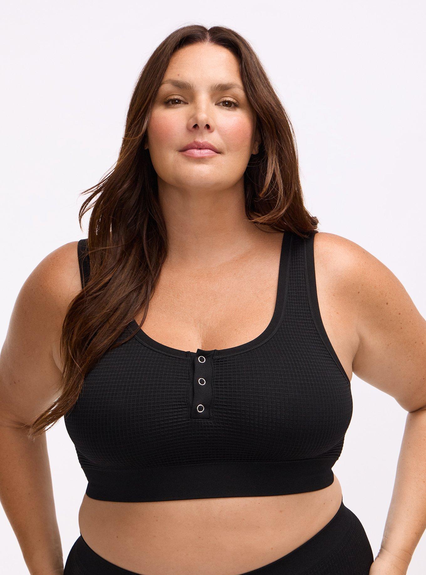 Plus Size Unlined Seamless Waffle Henley Scoop Bralette, RICH BLACK, hi-res
