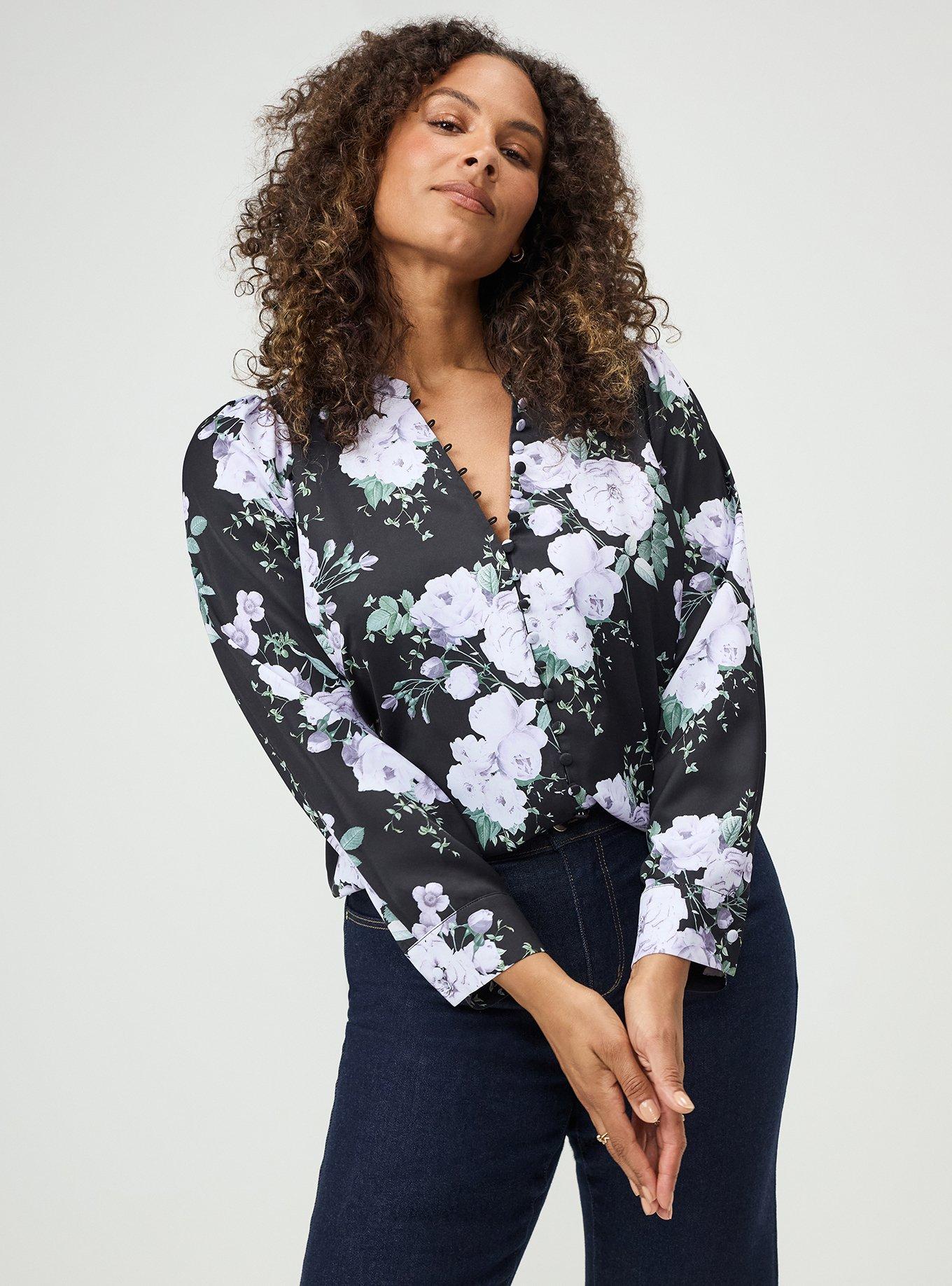 Studio Crepe De Chine French Blouse, GRACIE FLORAL BLACK, alternate
