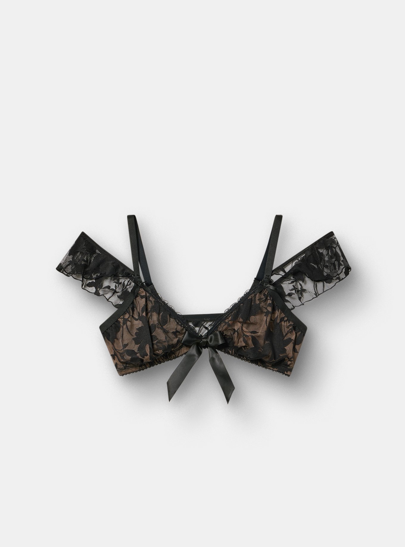 Shadow Lace Tie Front Bralette, RICH BLACK, flat