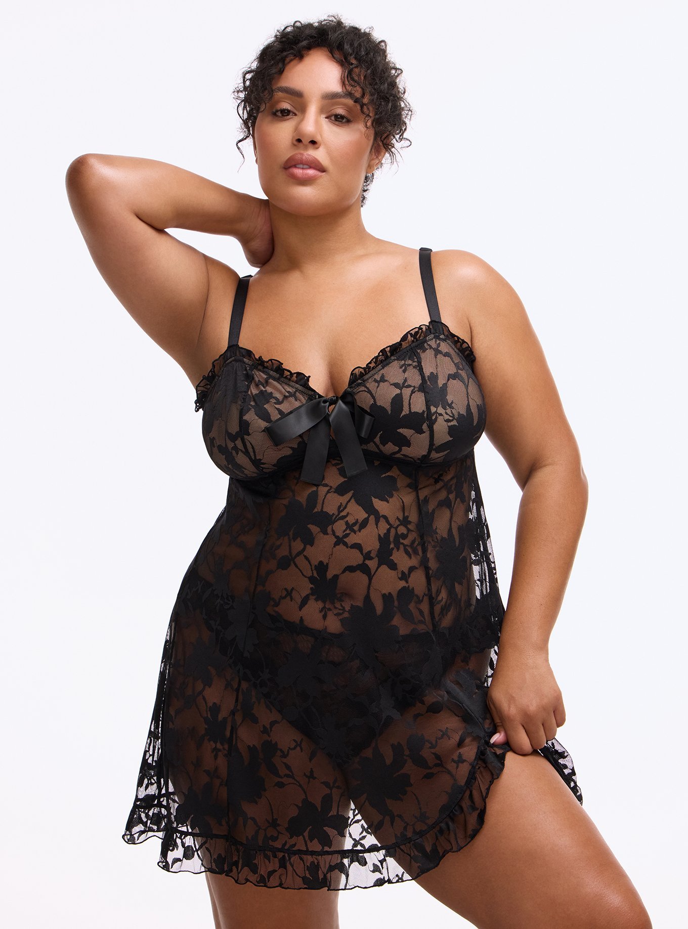 Shadow Lace Flare Babydoll, RICH BLACK, hi-res