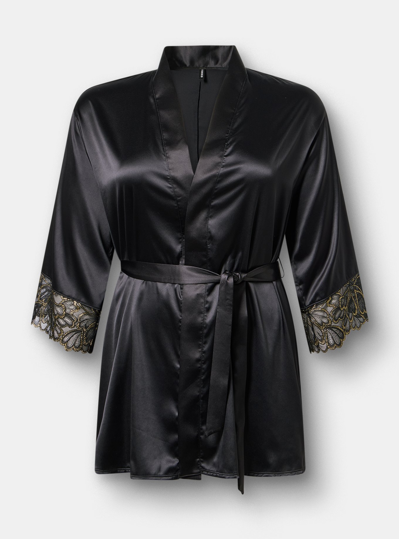 Gilded Lace & Satin Robe, RICH BLACK, flat