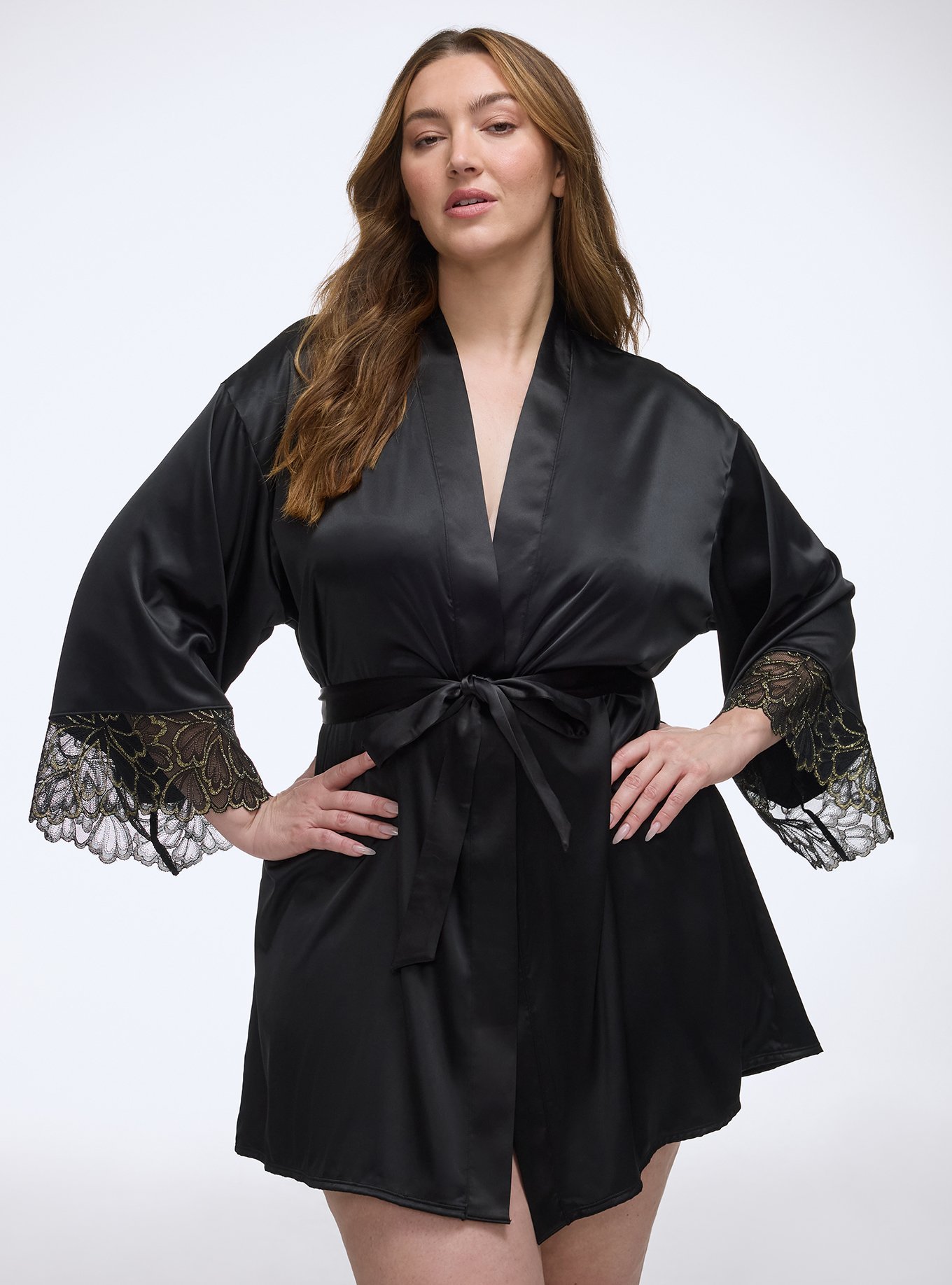 Gilded Lace & Satin Robe, RICH BLACK, hi-res