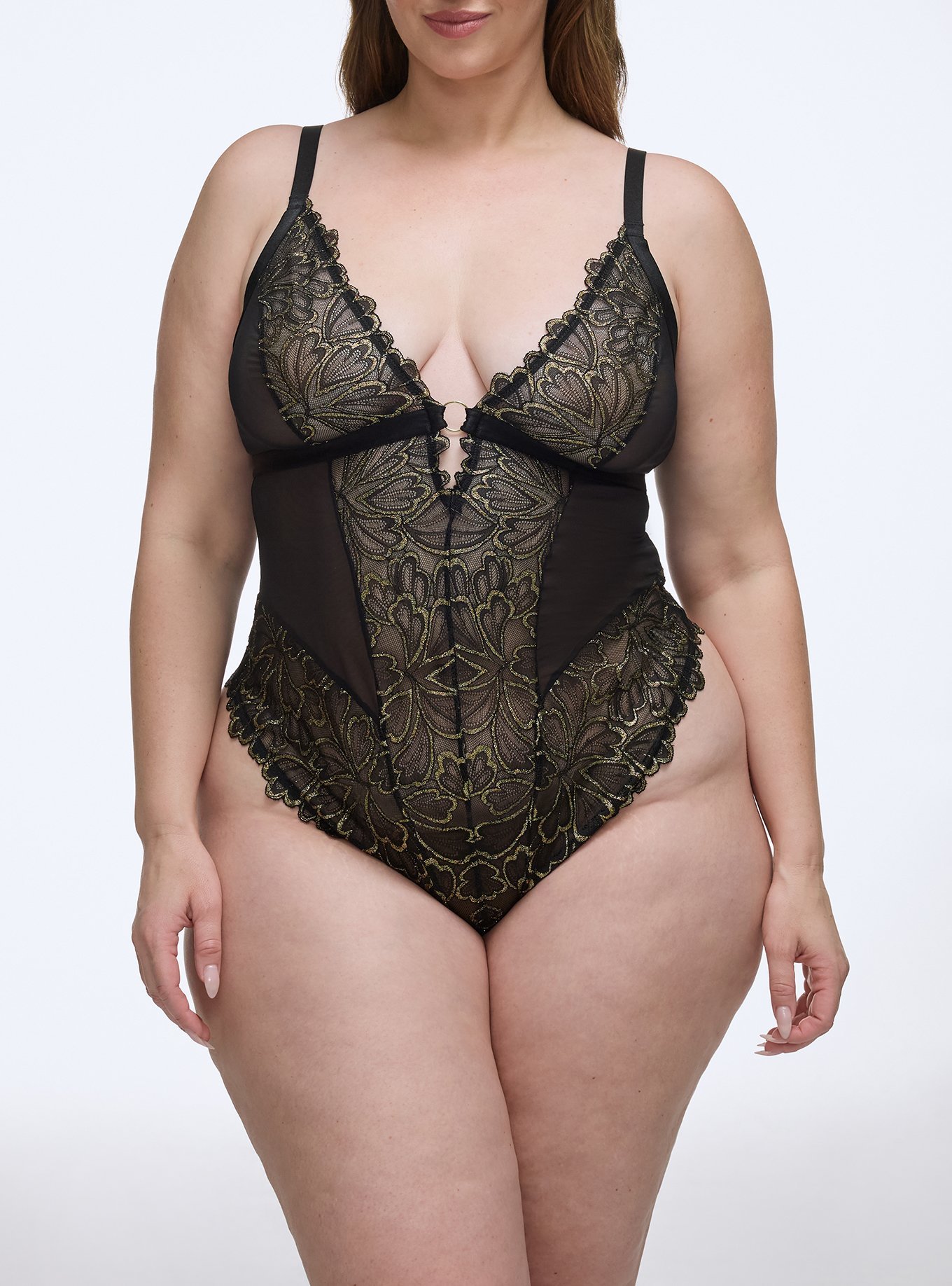Gilded Lace Wire-Free Bodysuit, RICH BLACK, alternate