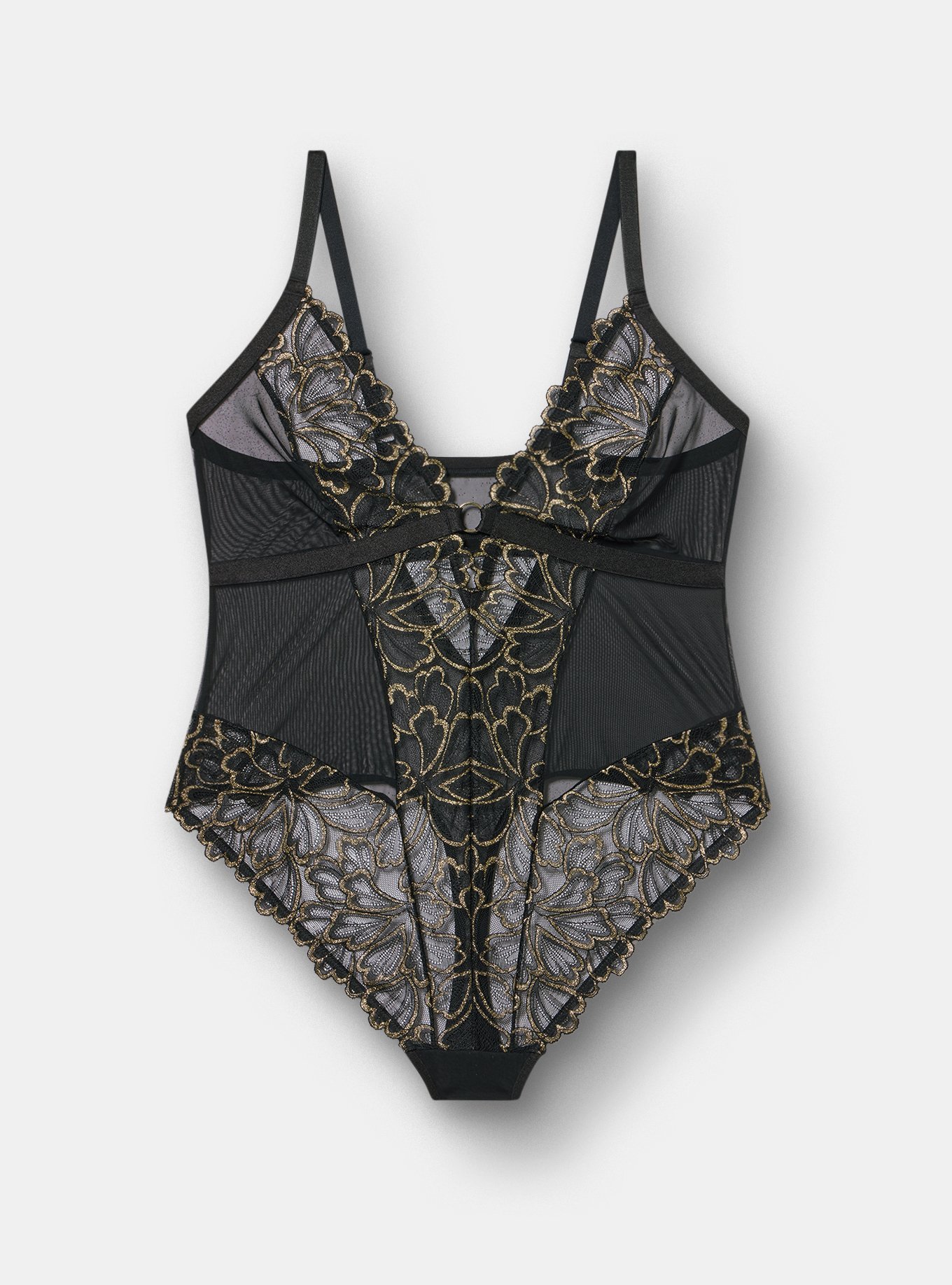 Gilded Lace Wire-Free Bodysuit, RICH BLACK, flat
