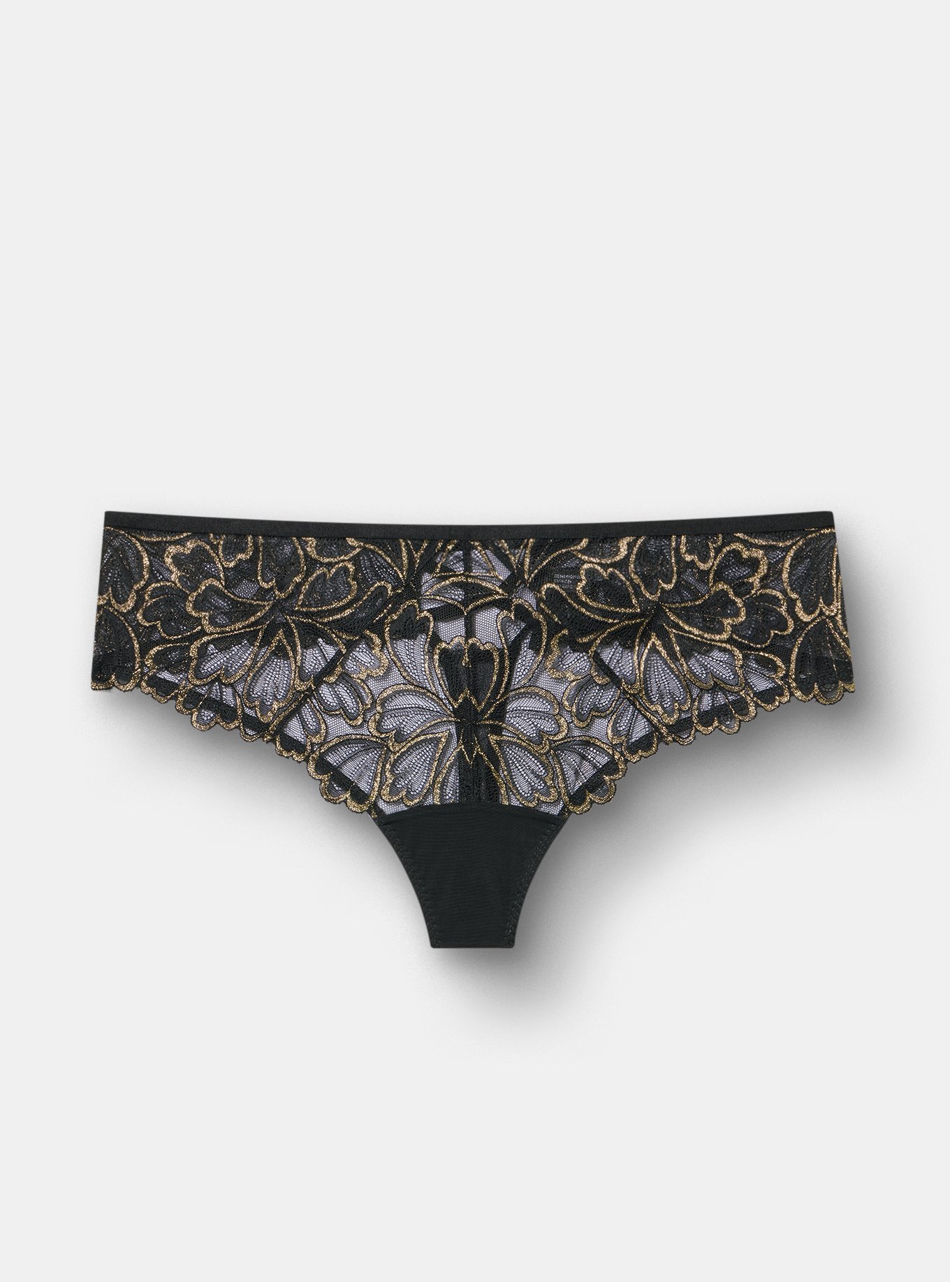 Gilded Lace Strappy Back Thong Panty, RICH BLACK, flat