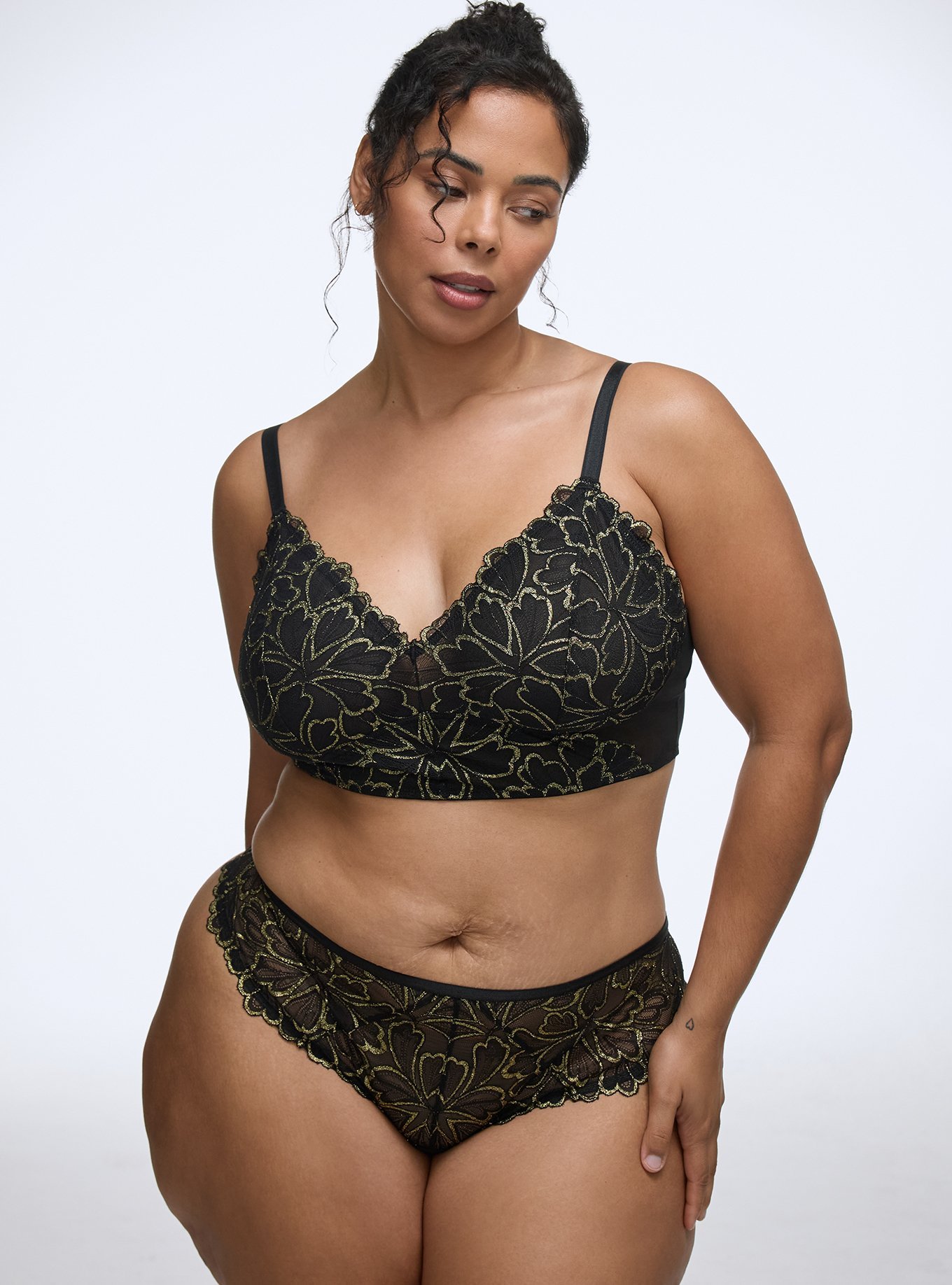 Gilded Lace Strappy Back Thong Panty, RICH BLACK, hi-res