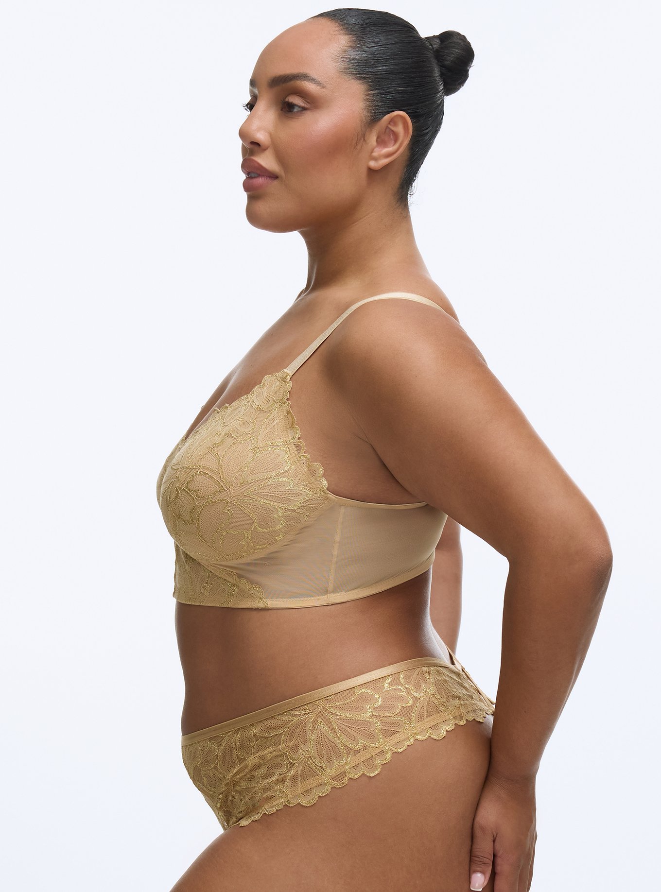 Plus Size Gilded Lace Strappy Back Thong Panty, ICED COFFEE, alternate