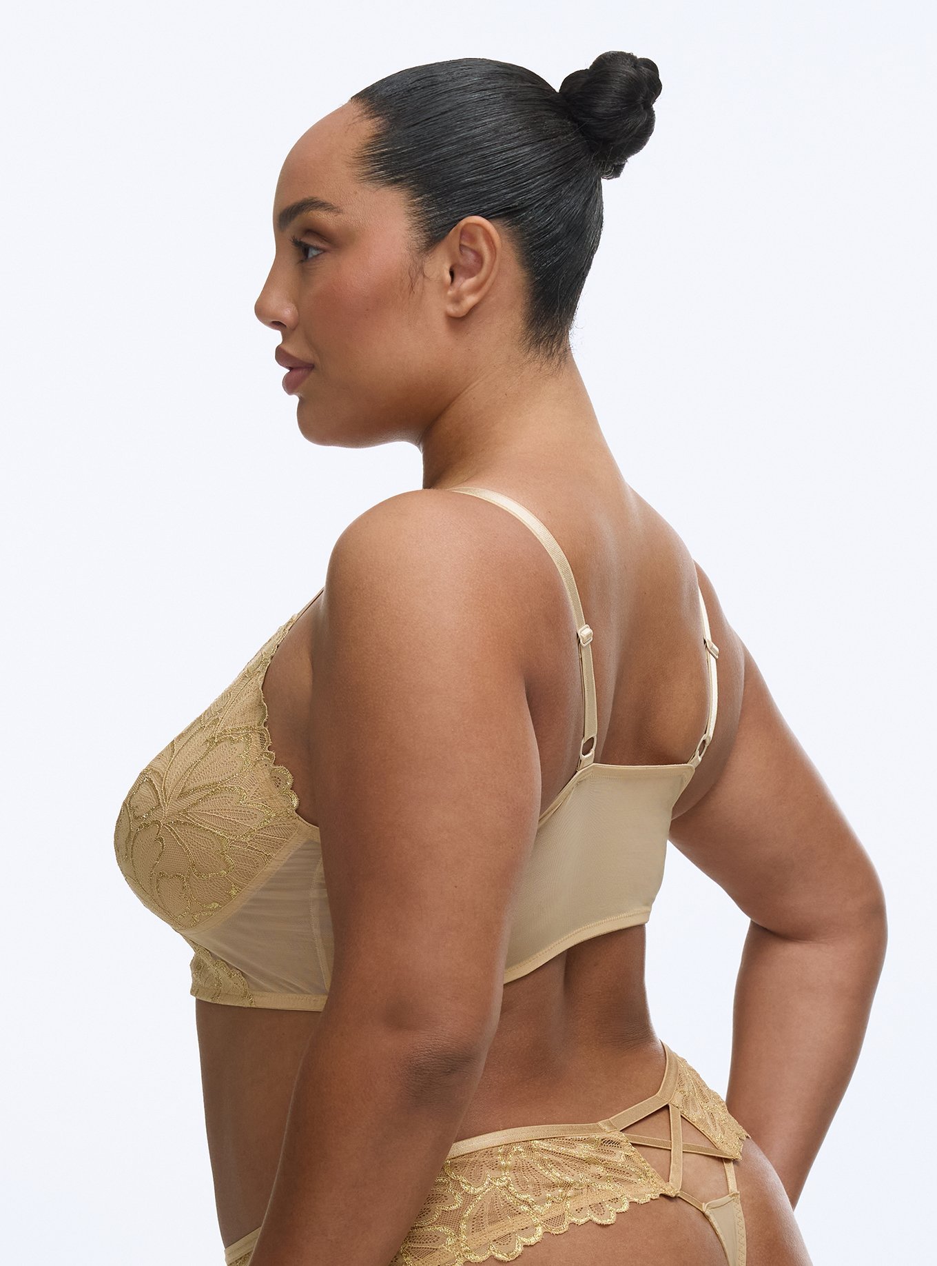 Plus Size Gilded Lace Strappy Back Thong Panty, ICED COFFEE, alternate