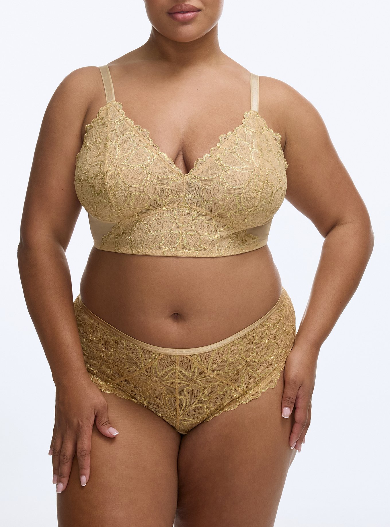 Plus Size Gilded Lace Strappy Back Thong Panty, ICED COFFEE, alternate