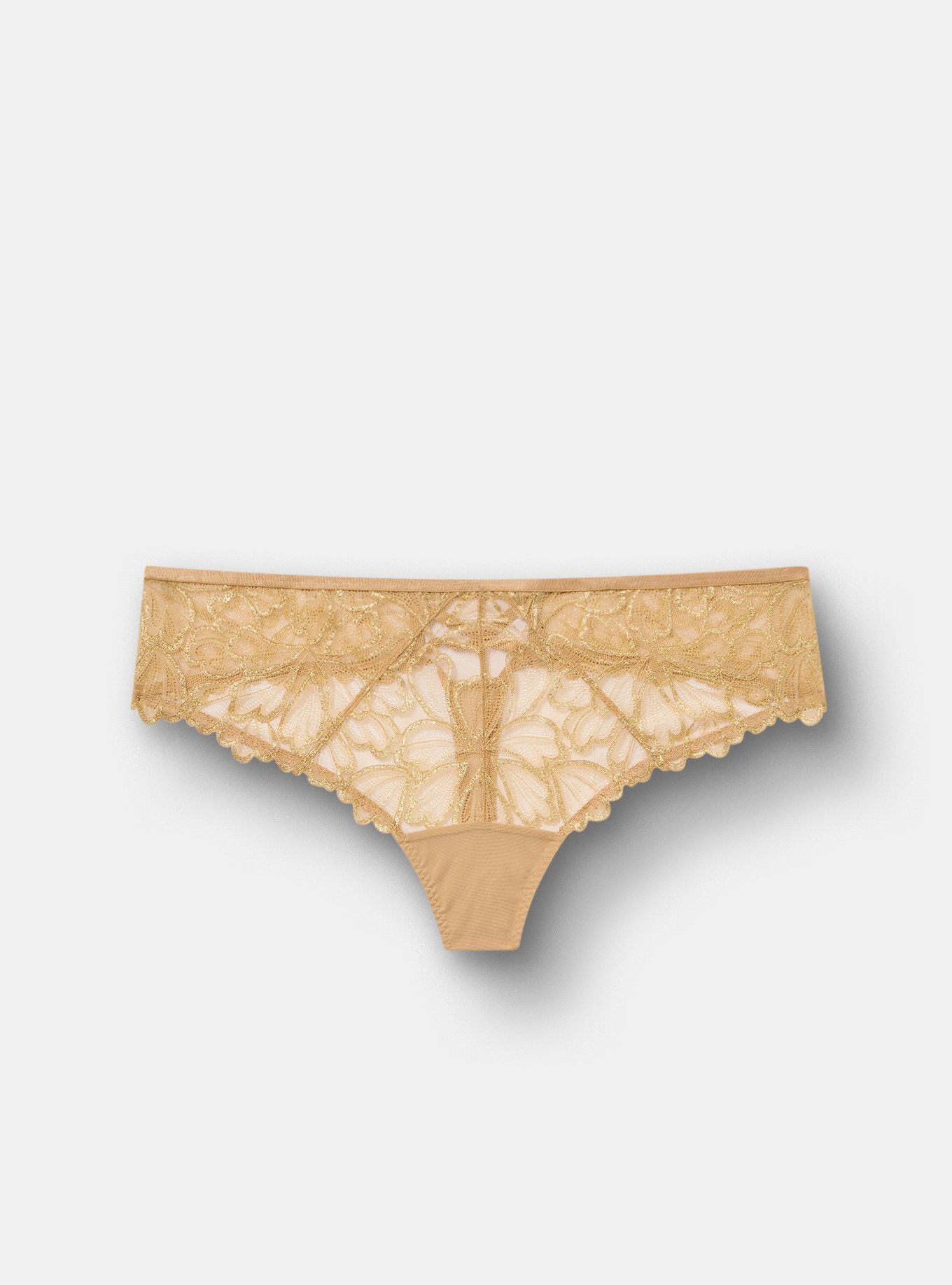 Plus Size Gilded Lace Strappy Back Thong Panty, ICED COFFEE, flat