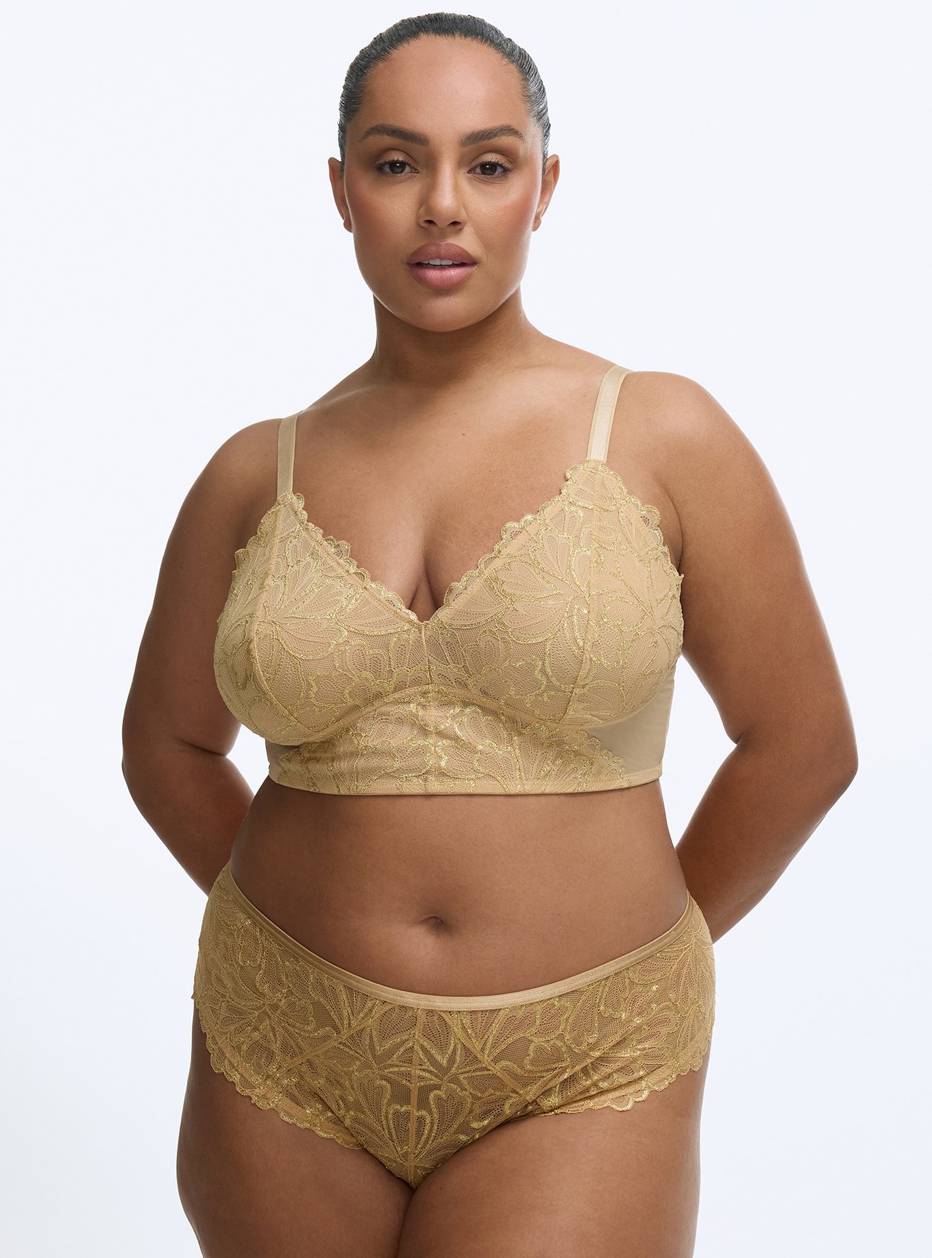 Plus Size Gilded Lace Strappy Back Thong Panty, ICED COFFEE, hi-res