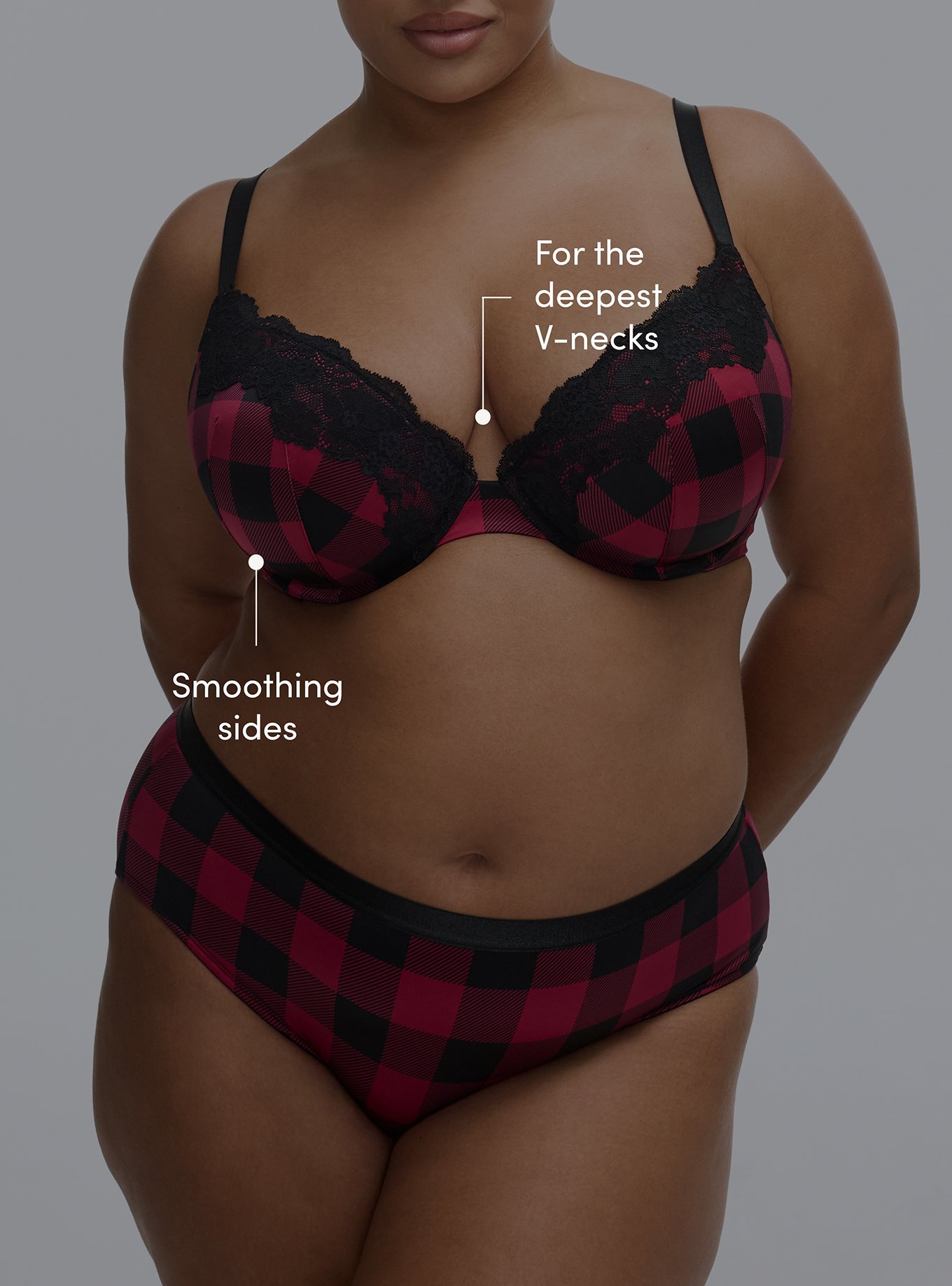 Plunge Push-Up Printed Bra, BUFFALO PLAID RED, alternate