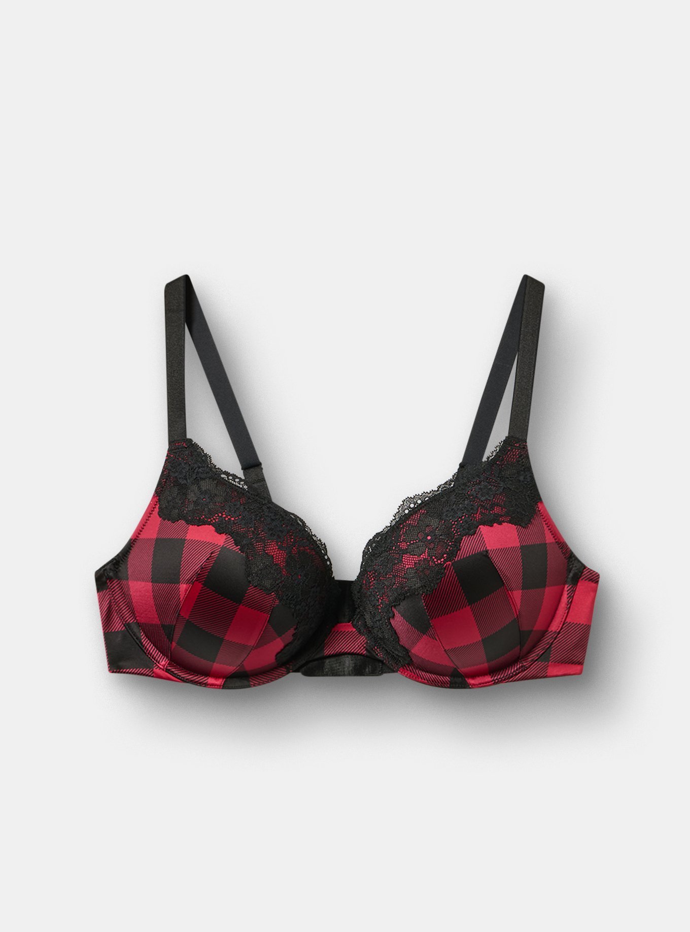 Plunge Push-Up Printed Bra, BUFFALO PLAID RED, flat