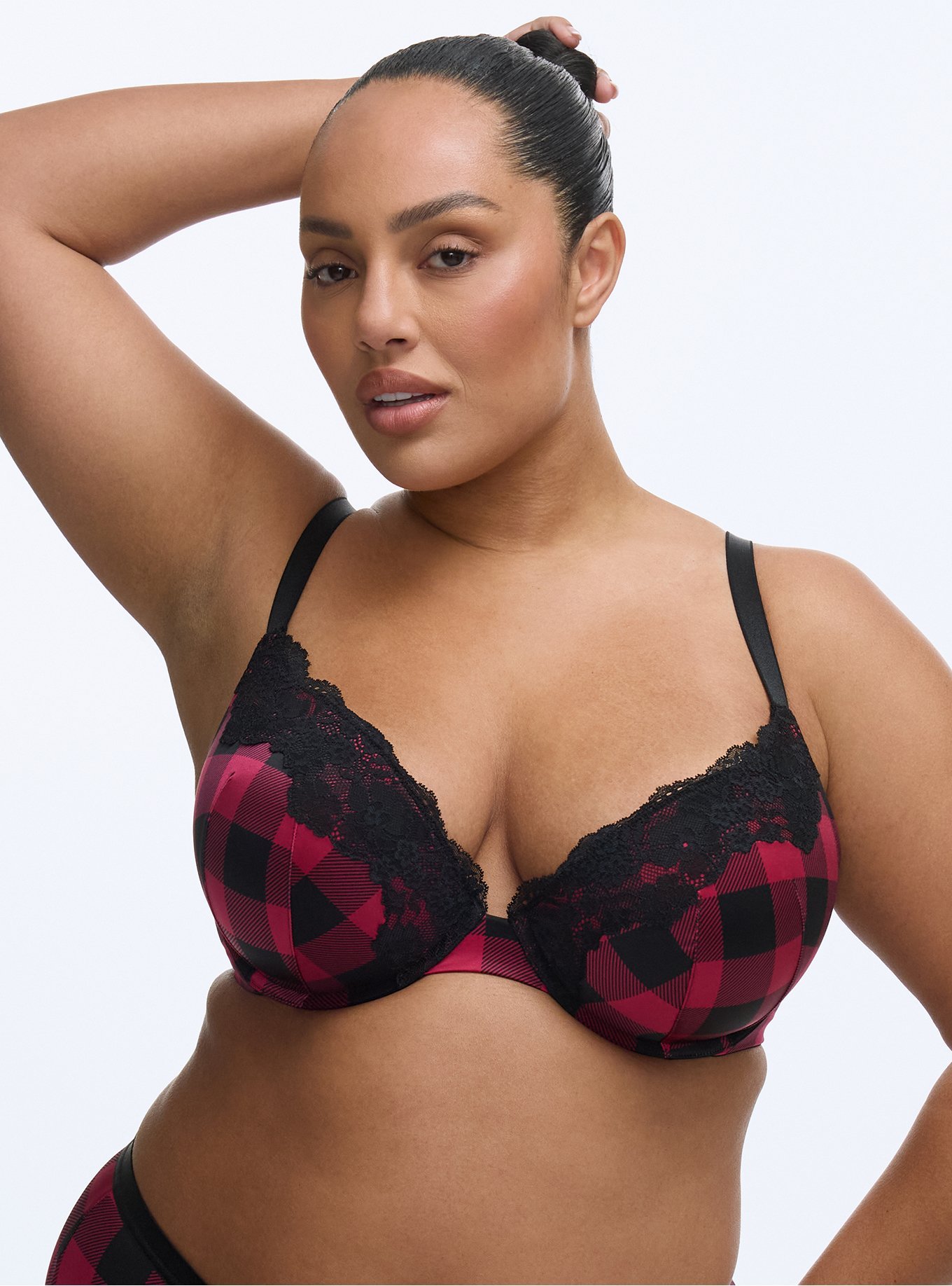 Plunge Push-Up Printed Bra, BUFFALO PLAID RED, hi-res