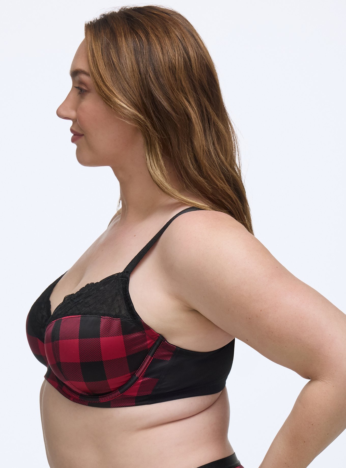 Plus Size Full Coverage Unlined Lace Bra, BUFFALO PLAID RED, alternate