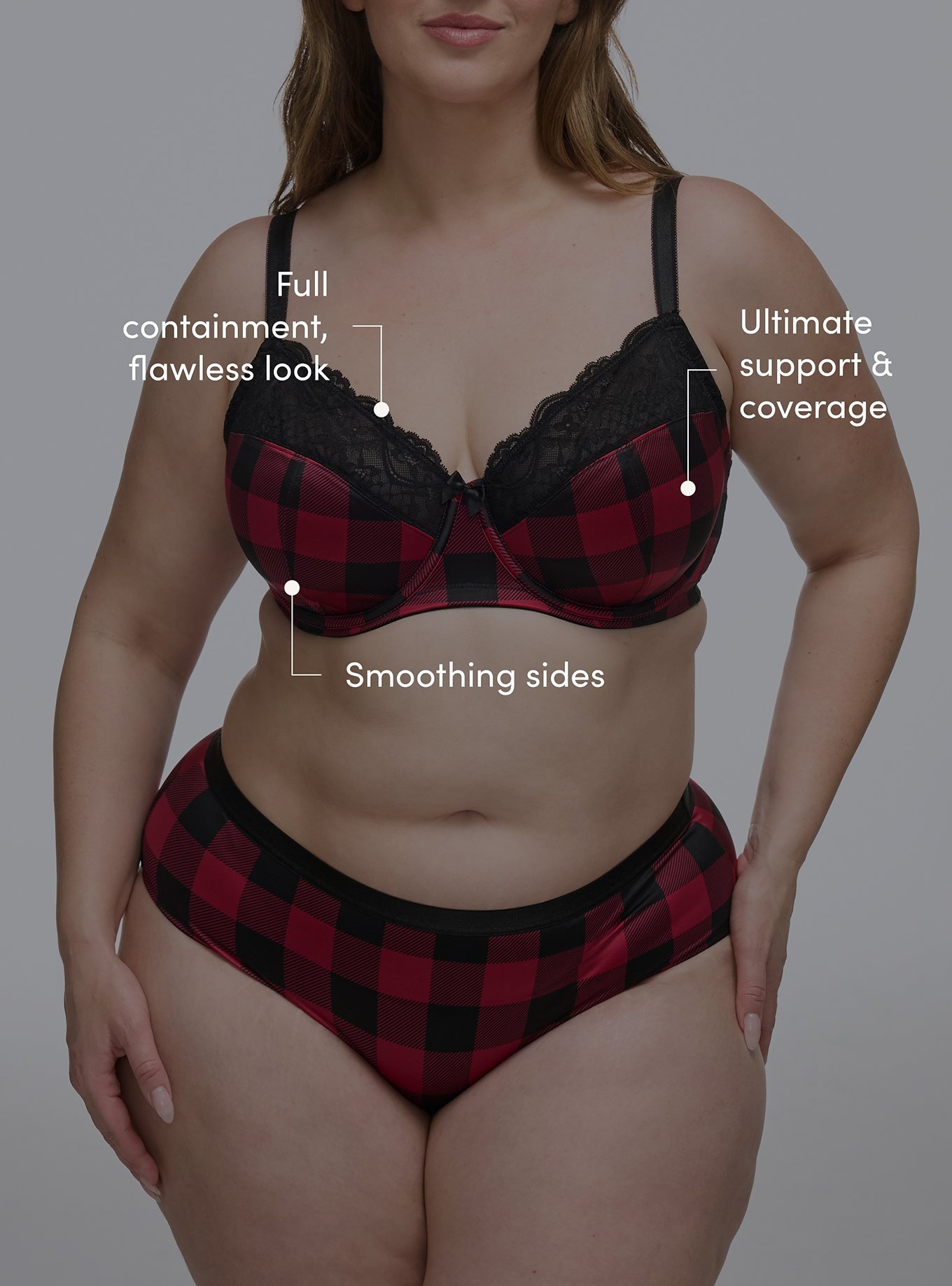 Plus Size Full Coverage Unlined Lace Bra, BUFFALO PLAID RED, alternate
