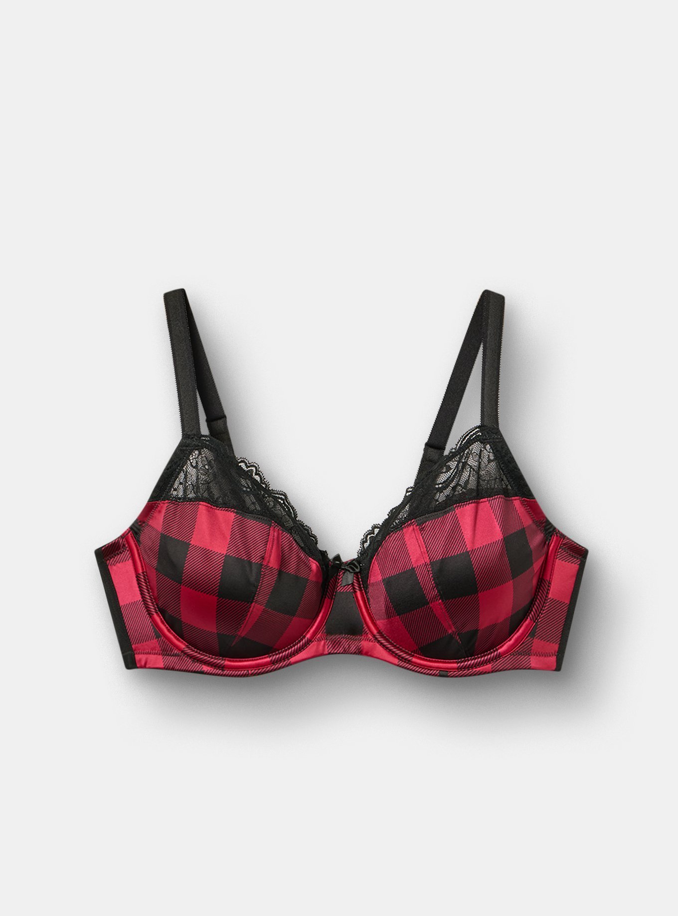 Plus Size Full Coverage Unlined Lace Bra, BUFFALO PLAID RED, flat