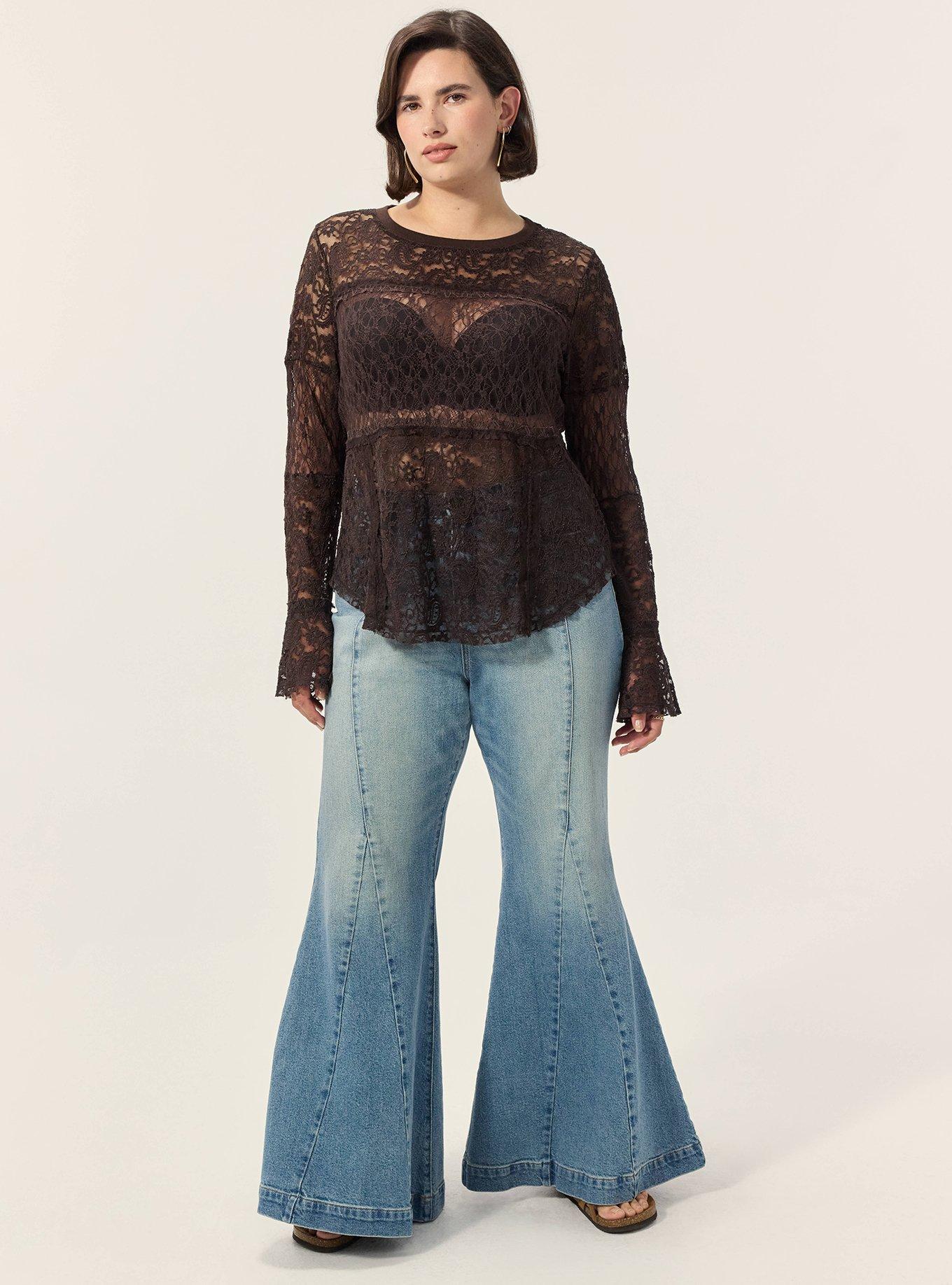 Festi Mixed Lace Bell Sleeve Top, JAVA, alternate