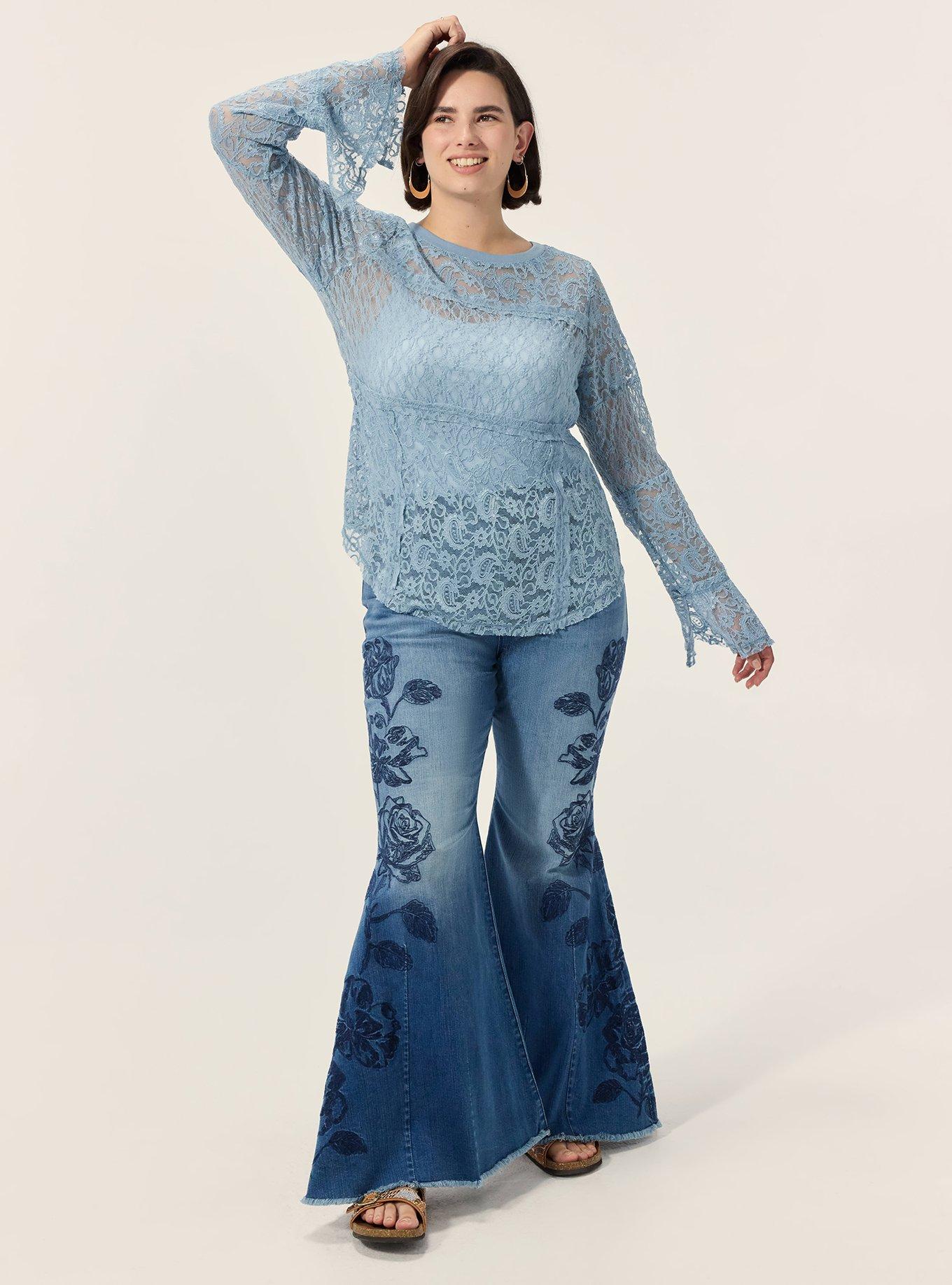 Festi Mixed Lace Bell Sleeve Top, DUSTY BLUE, alternate