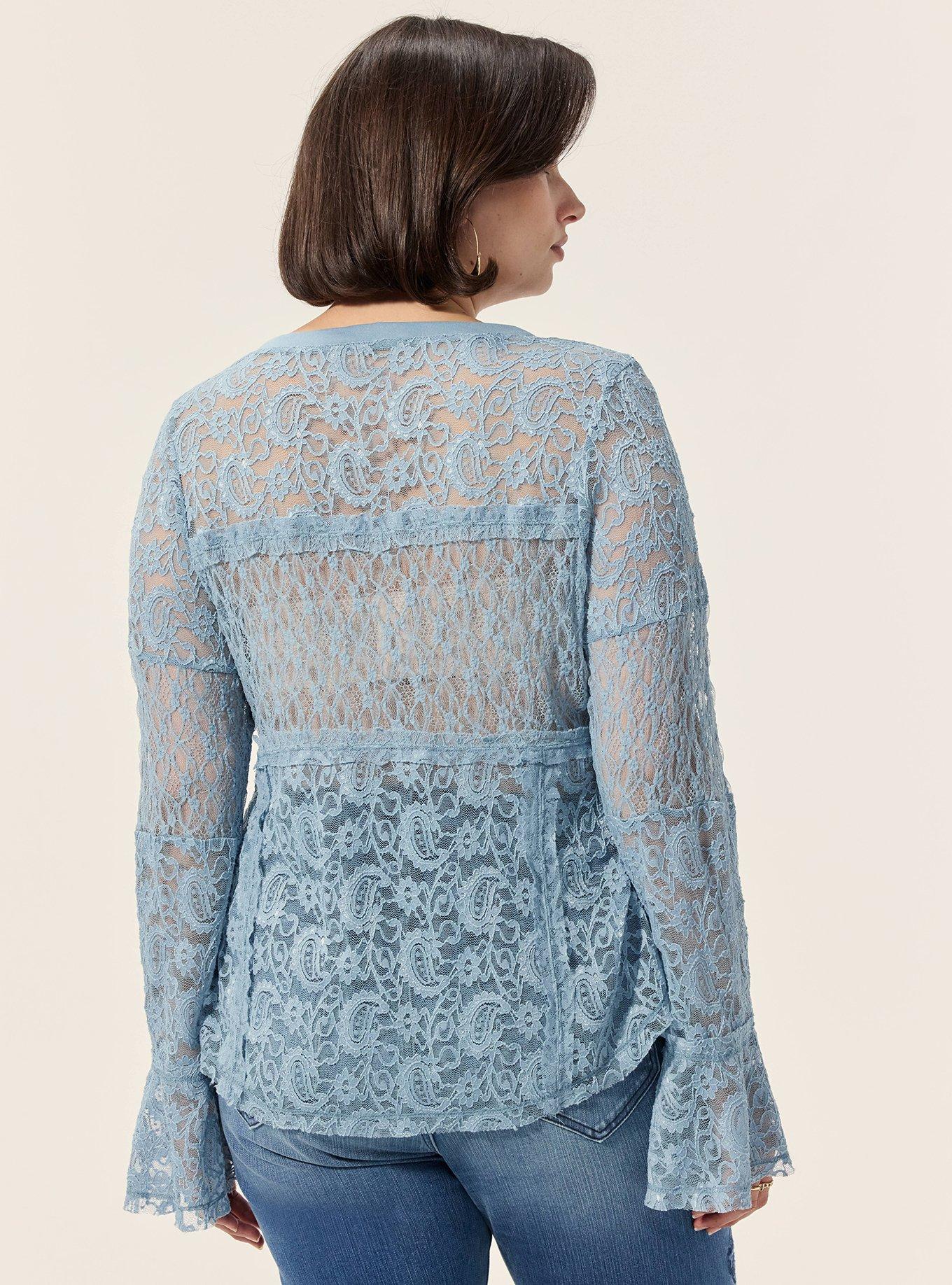 Festi Mixed Lace Bell Sleeve Top, DUSTY BLUE, alternate