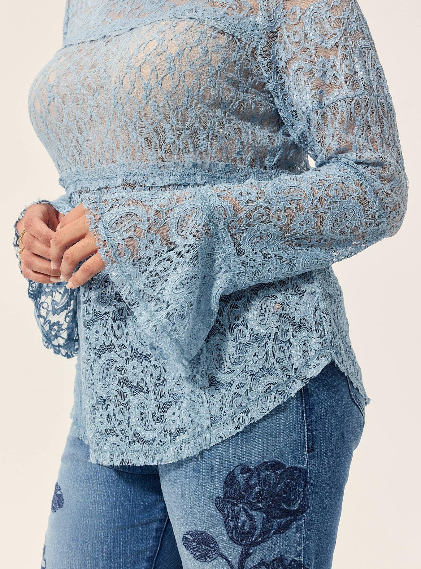 Festi Mixed Lace Bell Sleeve Top, DUSTY BLUE, alternate