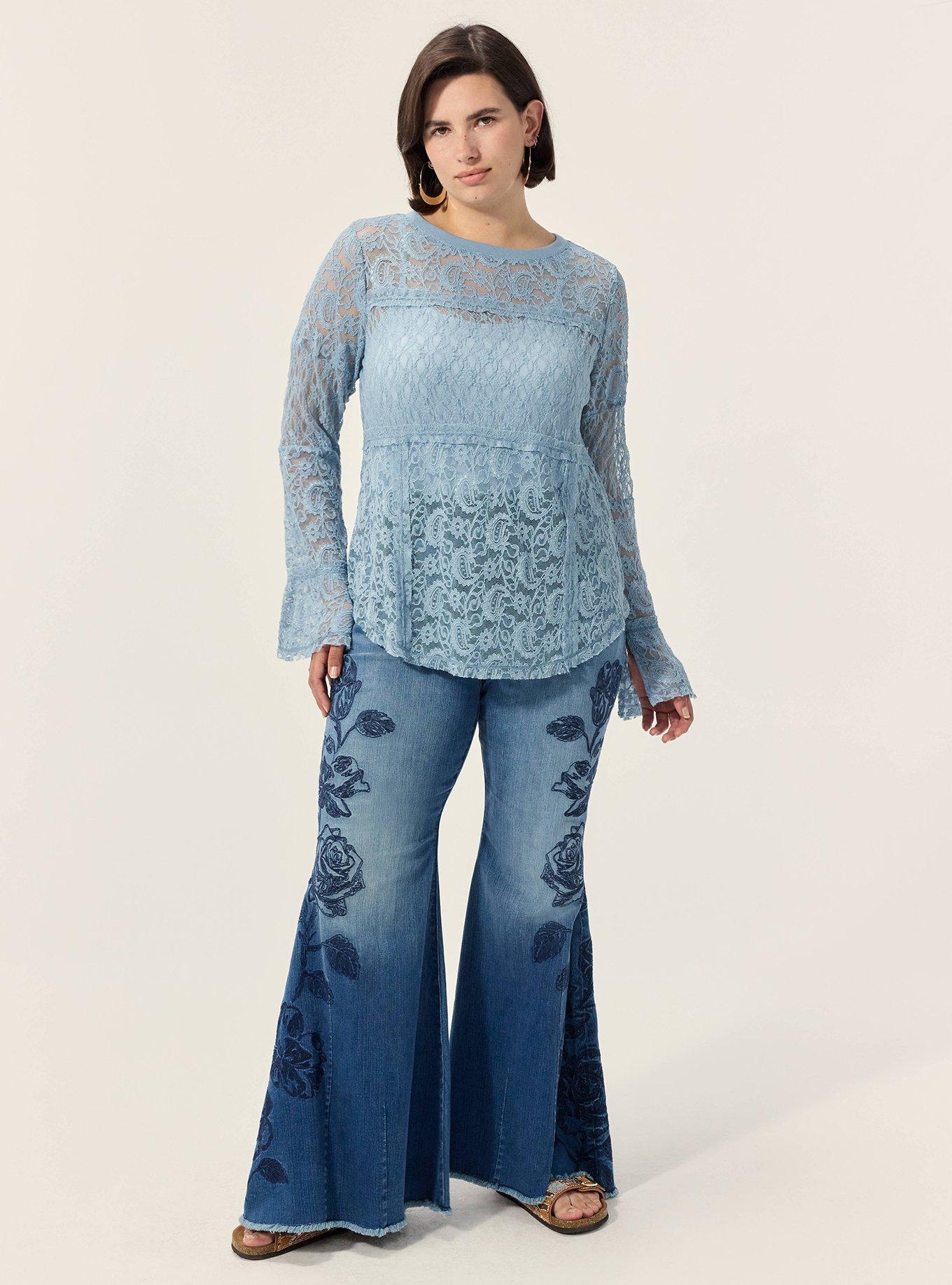 Festi Mixed Lace Bell Sleeve Top, DUSTY BLUE, alternate