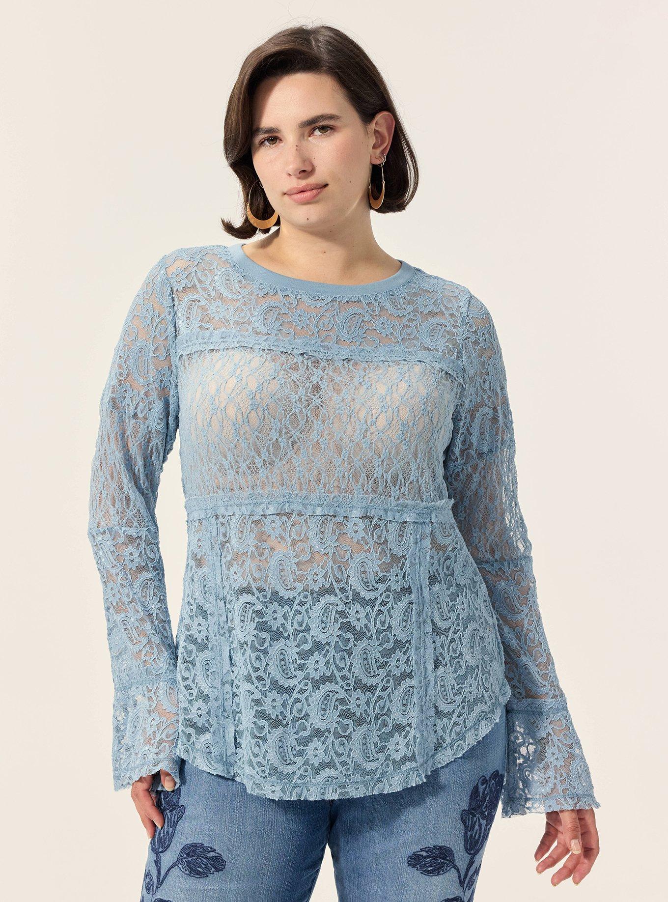 Festi Mixed Lace Bell Sleeve Top, DUSTY BLUE, hi-res