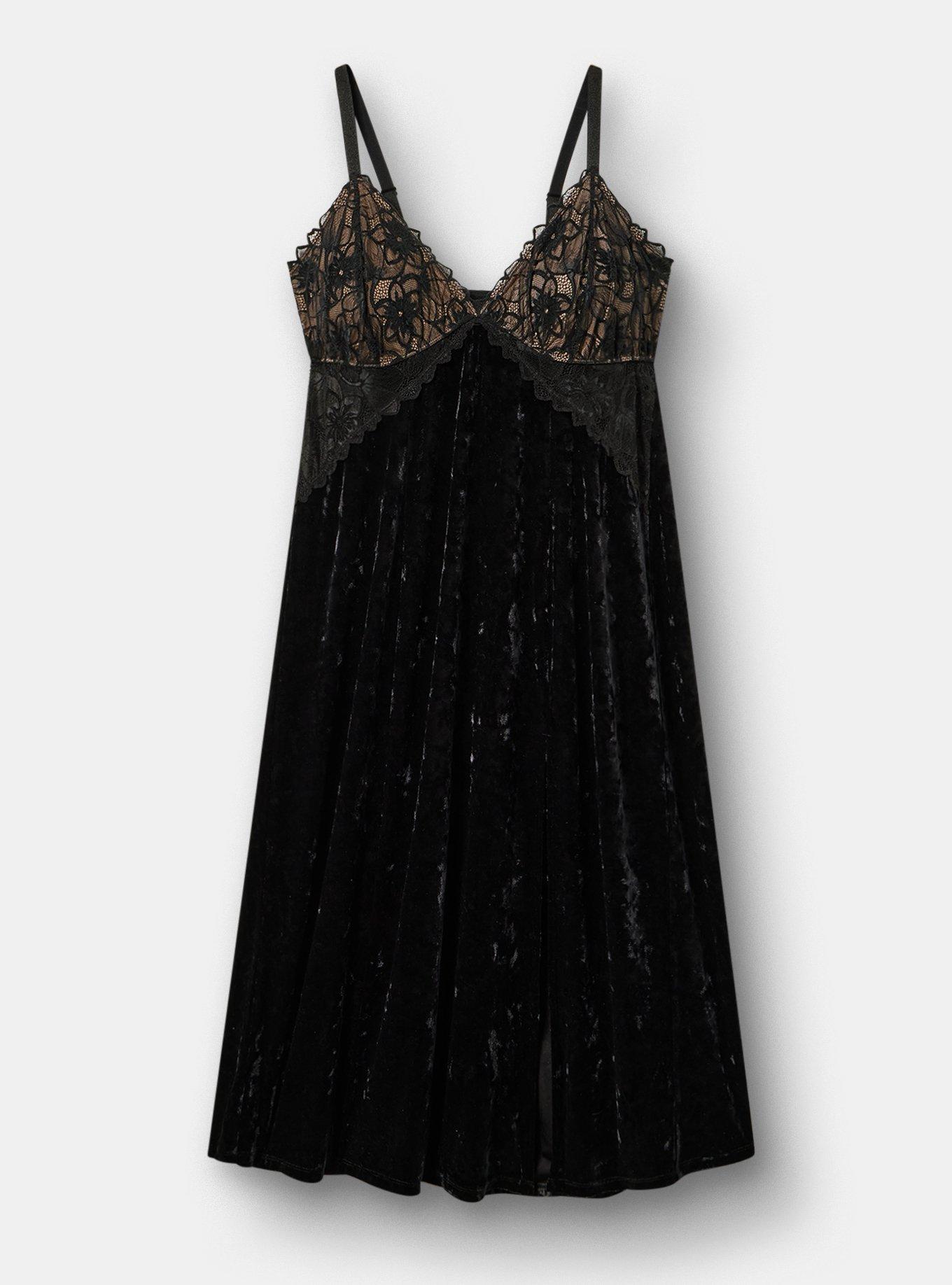 Cozy Valentina & Velour Tea Length Slip Dress, RICH BLACK, flat