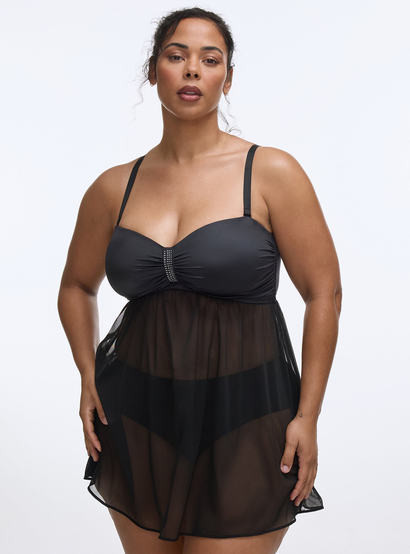 Bow Rhinestone Babydoll, RICH BLACK, hi-res