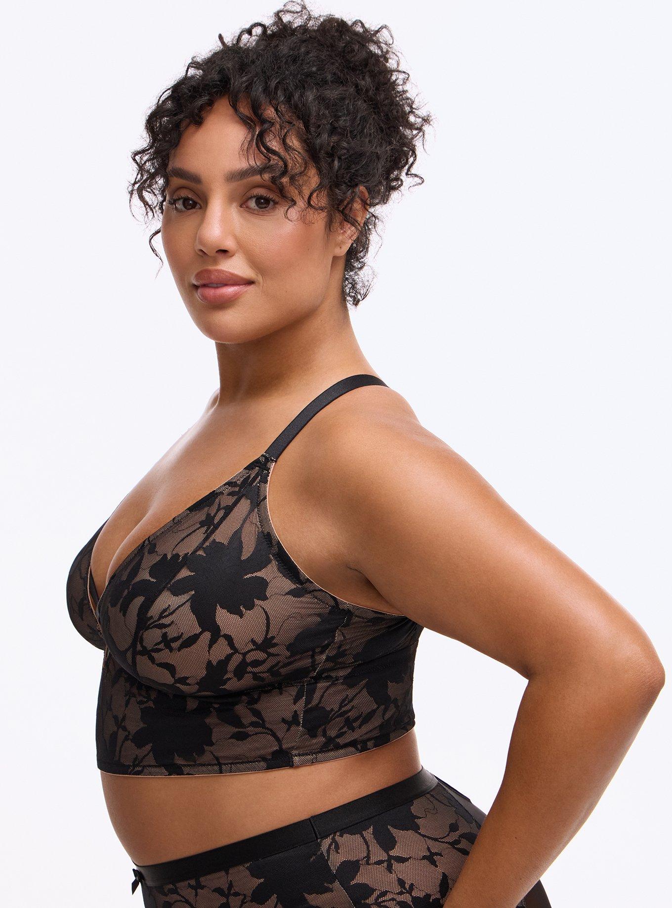 Plus Size Unlined Shadow Floral Lace Longline Bralette, RICH BLACK, alternate