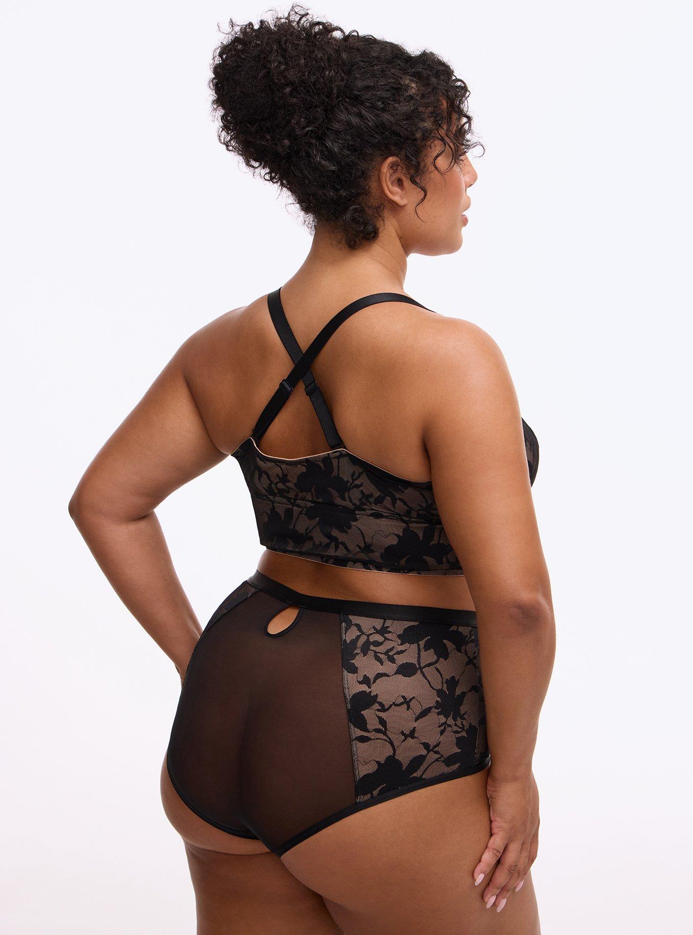 Plus Size Unlined Shadow Floral Lace Longline Bralette, RICH BLACK, alternate