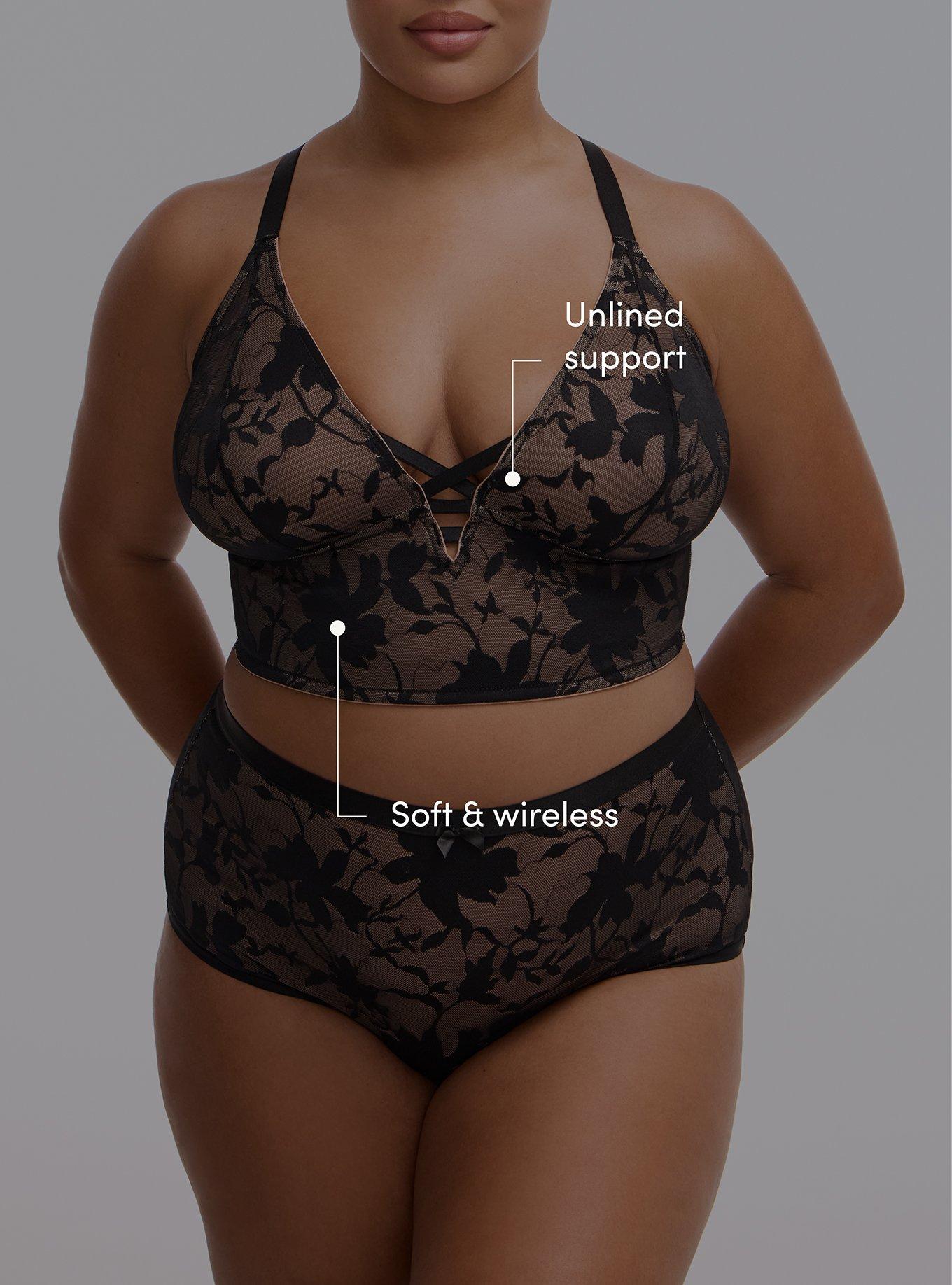 Plus Size Unlined Shadow Floral Lace Longline Bralette, RICH BLACK, alternate