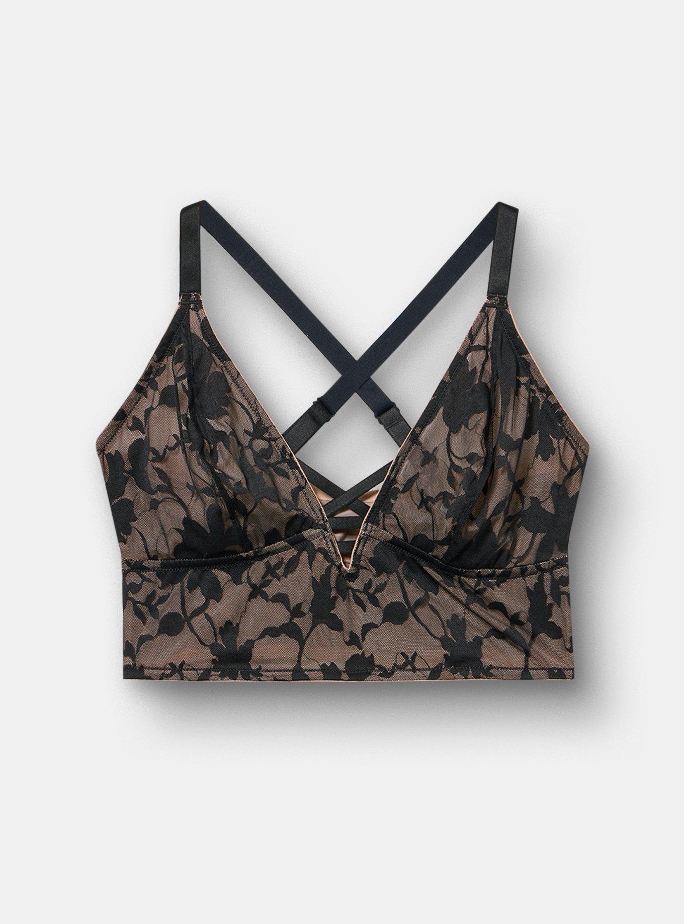Plus Size Unlined Shadow Floral Lace Longline Bralette, RICH BLACK, flat
