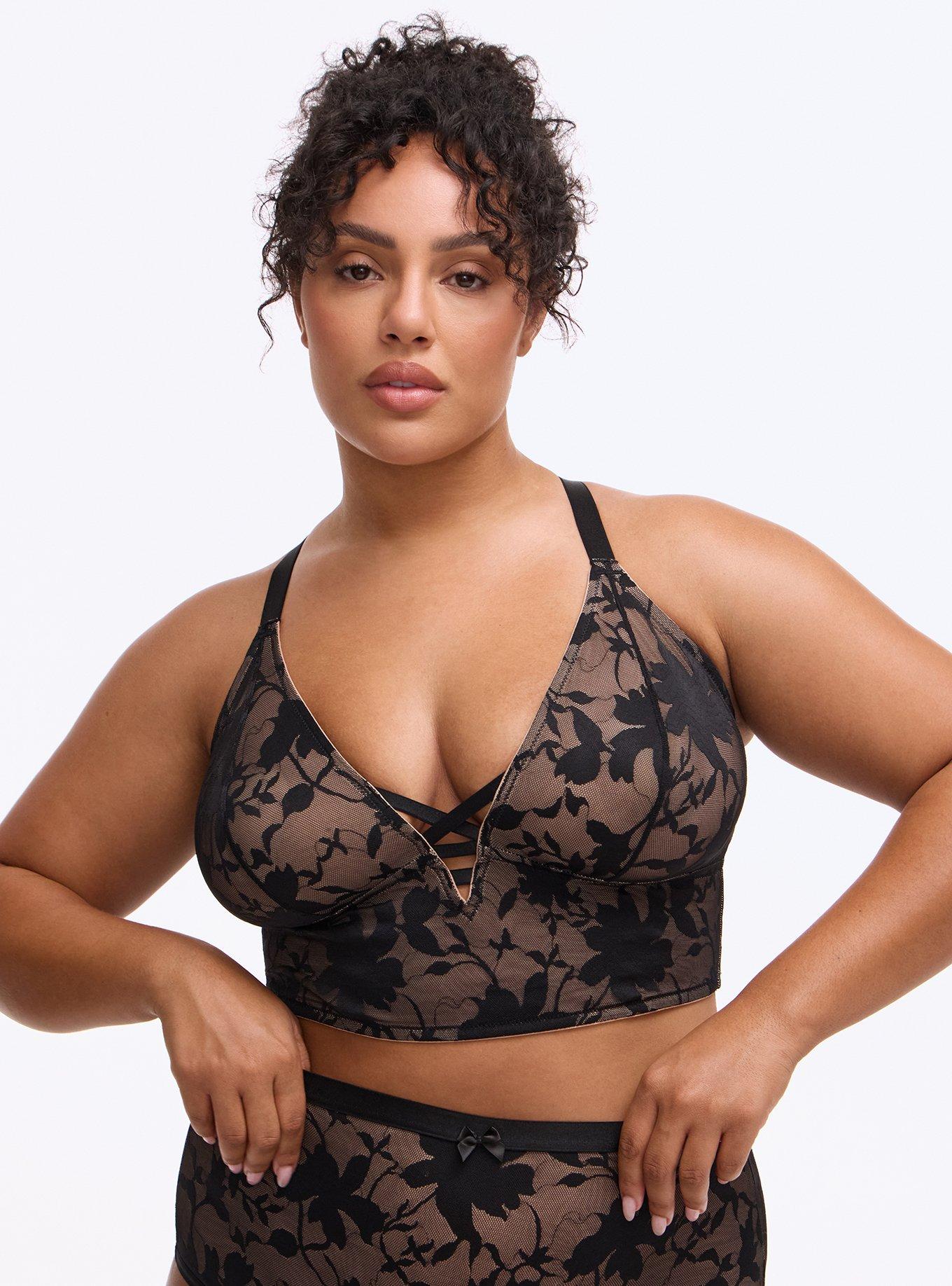 Plus Size Unlined Shadow Floral Lace Longline Bralette, RICH BLACK, hi-res