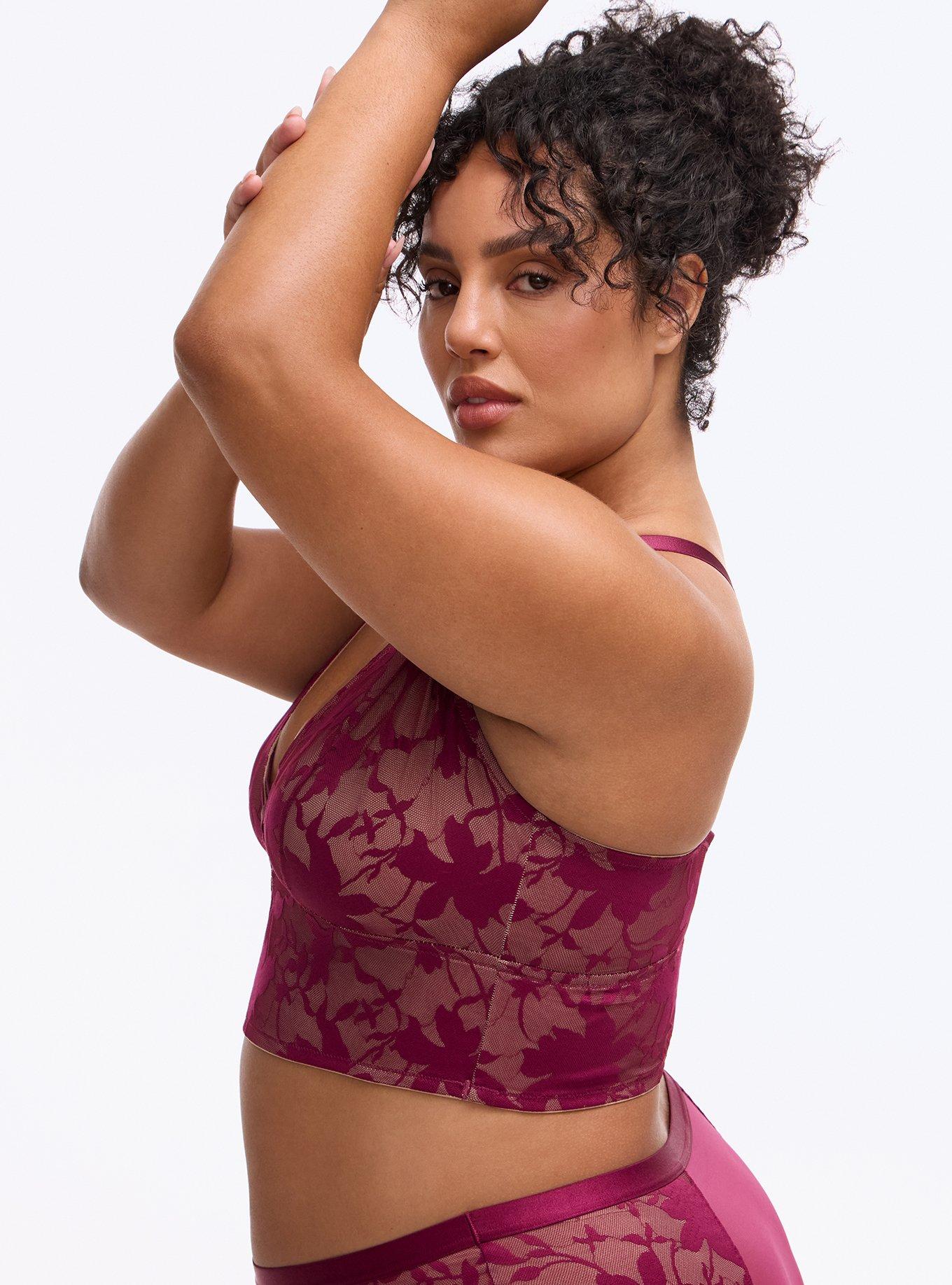 Plus Size Unlined Shadow Floral Lace Longline Bralette, PURPLE POTION, alternate