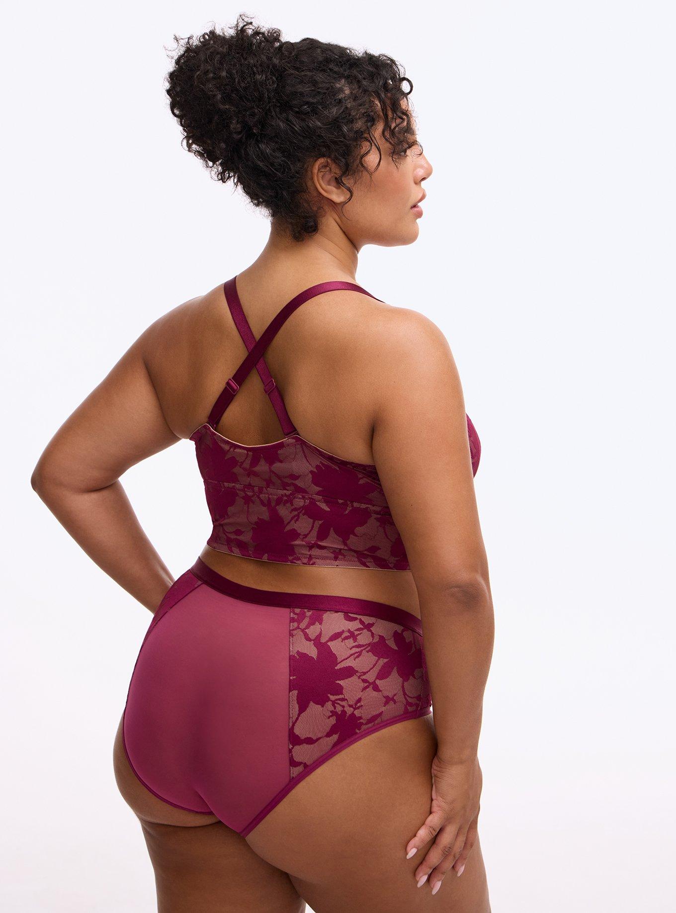 Plus Size Unlined Shadow Floral Lace Longline Bralette, PURPLE POTION, alternate