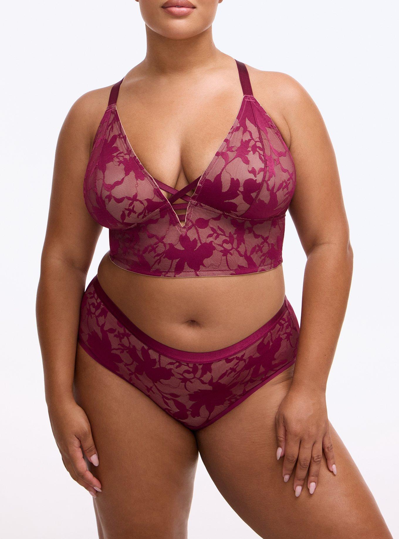 Plus Size Unlined Shadow Floral Lace Longline Bralette, PURPLE POTION, alternate