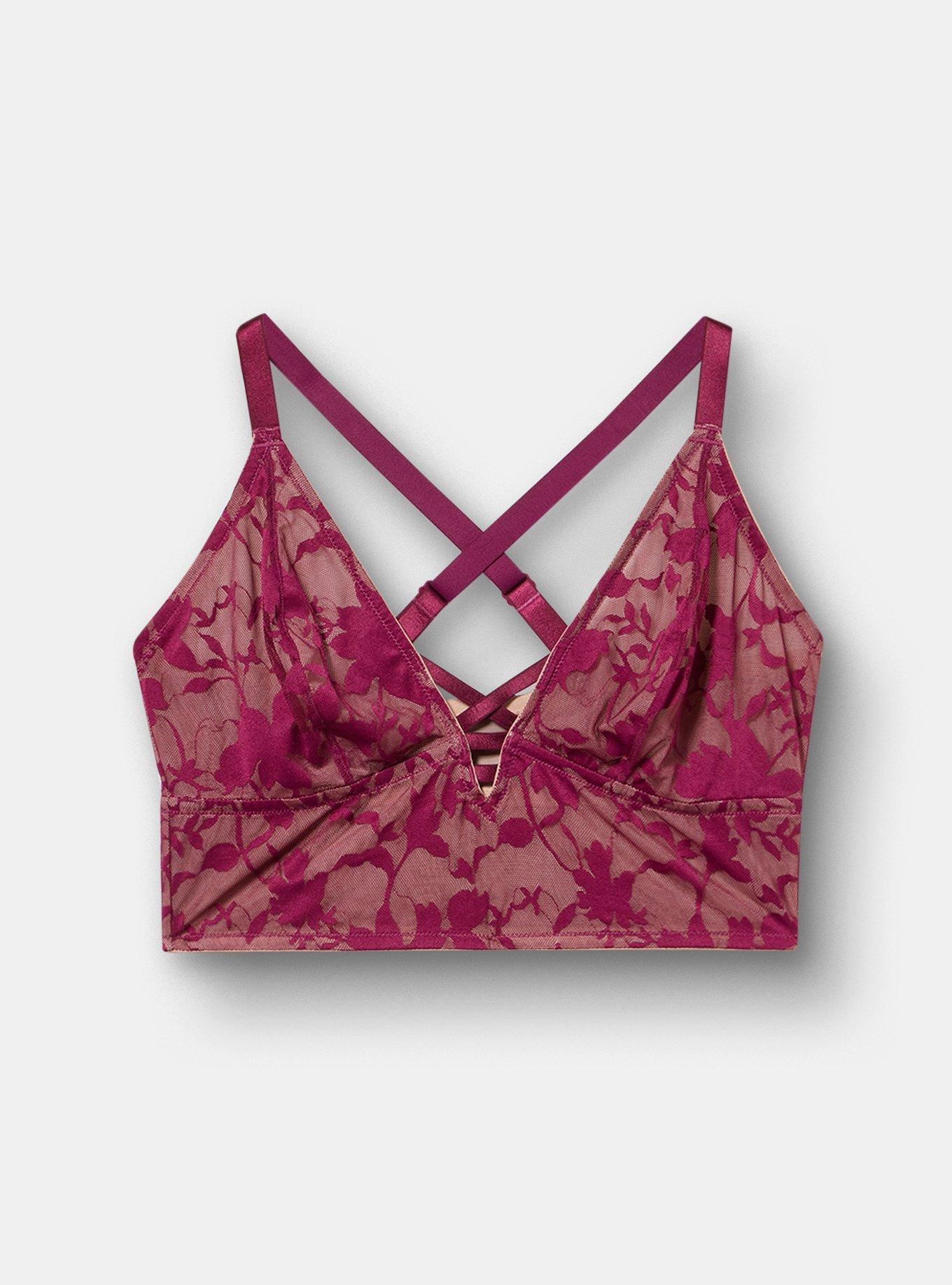 Plus Size Unlined Shadow Floral Lace Longline Bralette, PURPLE POTION, flat