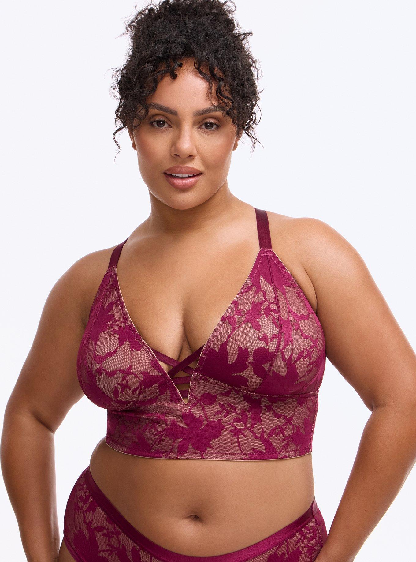 Plus Size Unlined Shadow Floral Lace Longline Bralette, PURPLE POTION, hi-res