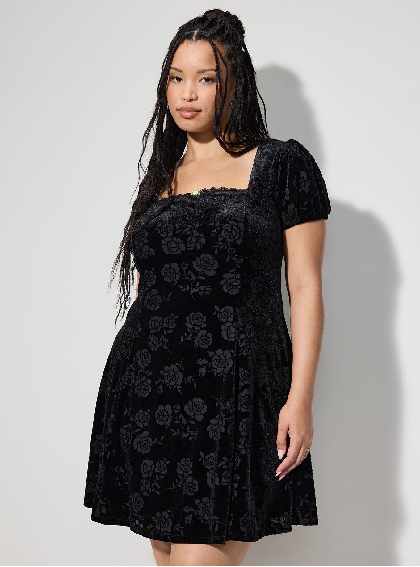 LoveSick Square Neck Velour Mini Dress, GAIL SILHOUETTE FLORAL BLACK, alternate