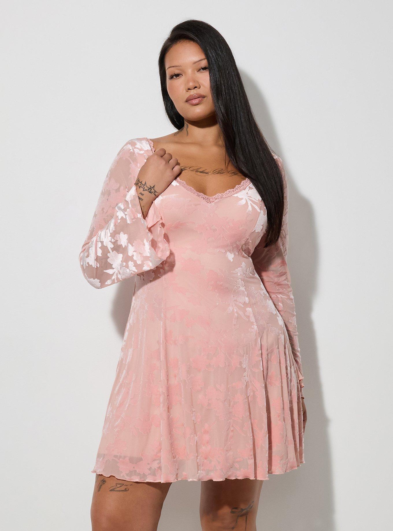 LoveSick Flocked Mesh Bell Sleeve Mini Dress, SILVER PINK, alternate