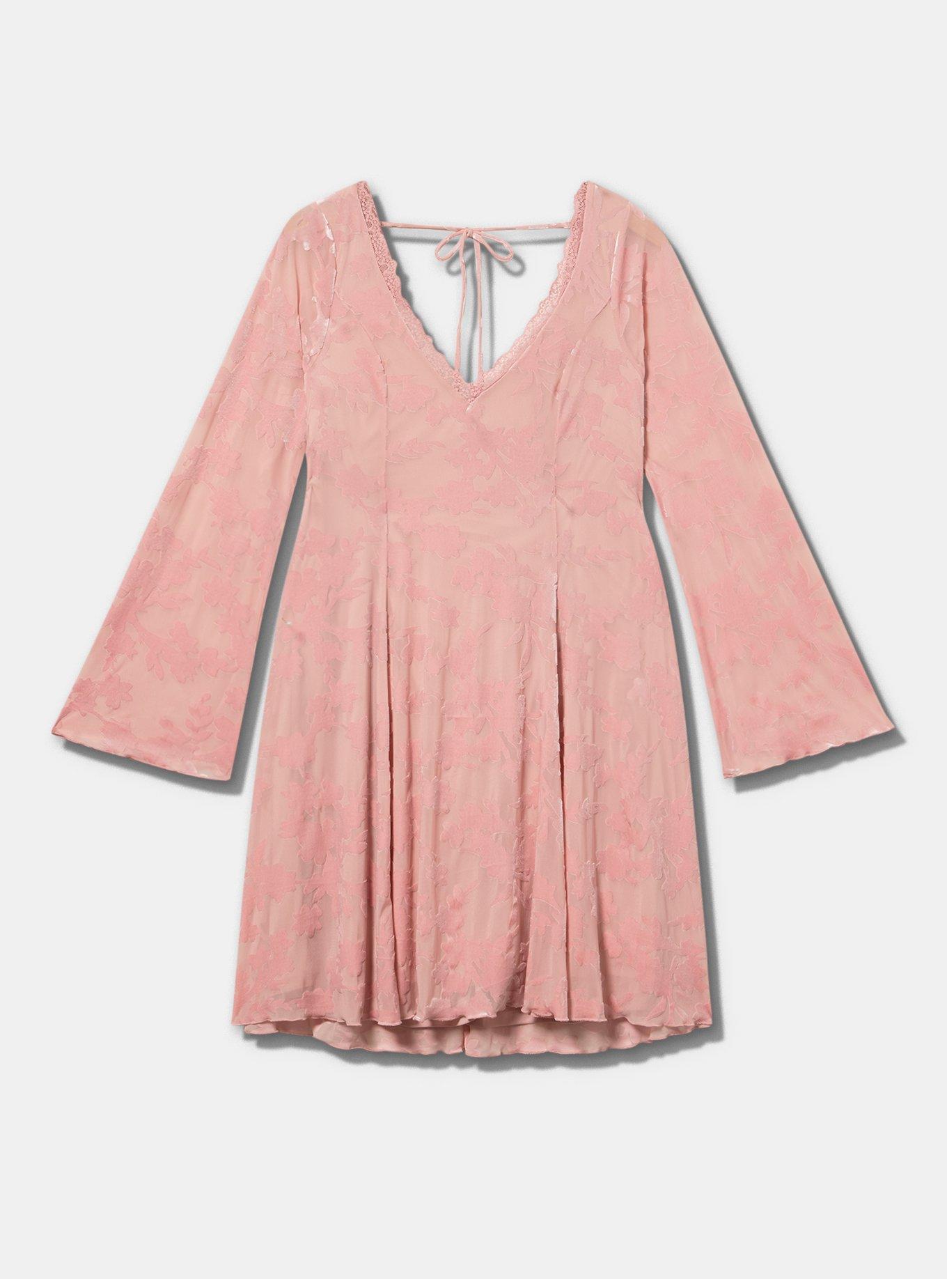 LoveSick Flocked Mesh Bell Sleeve Mini Dress, SILVER PINK, flat