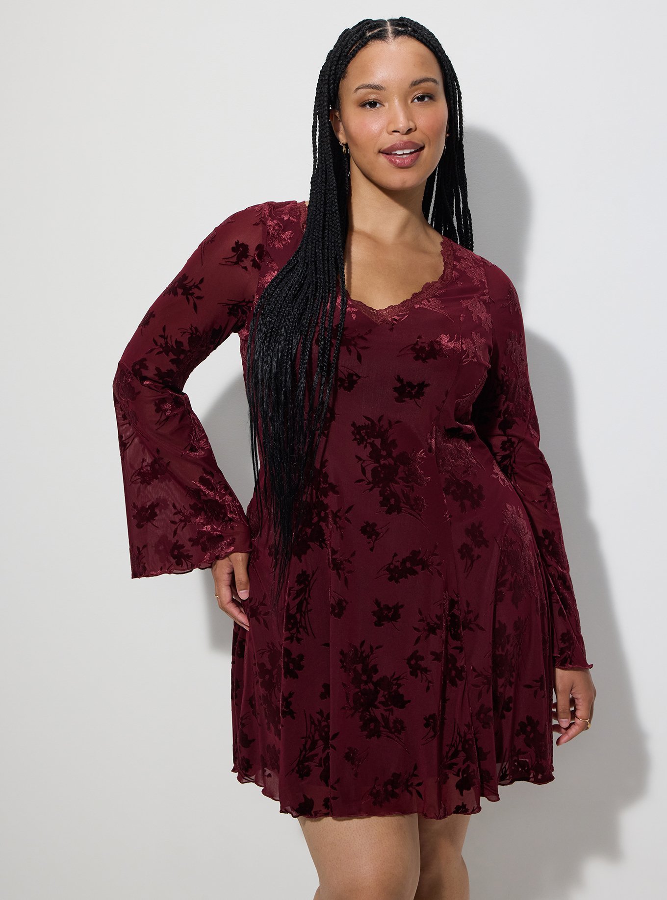 LoveSick Flocked Mesh Bell Sleeve Mini Dress, TROOPER FLORAL WINE, alternate
