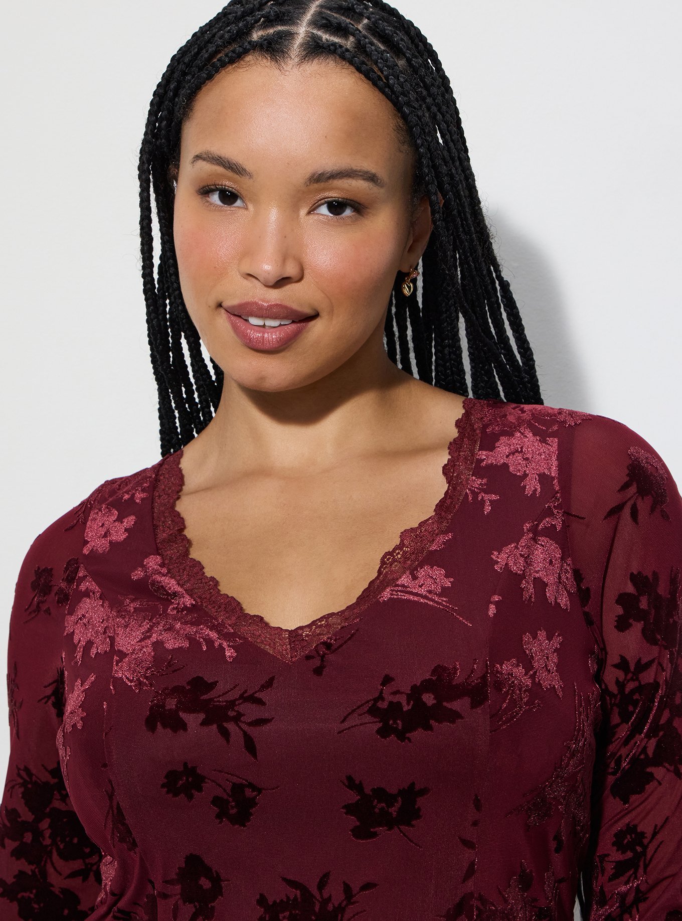 LoveSick Flocked Mesh Bell Sleeve Mini Dress, TROOPER FLORAL WINE, alternate