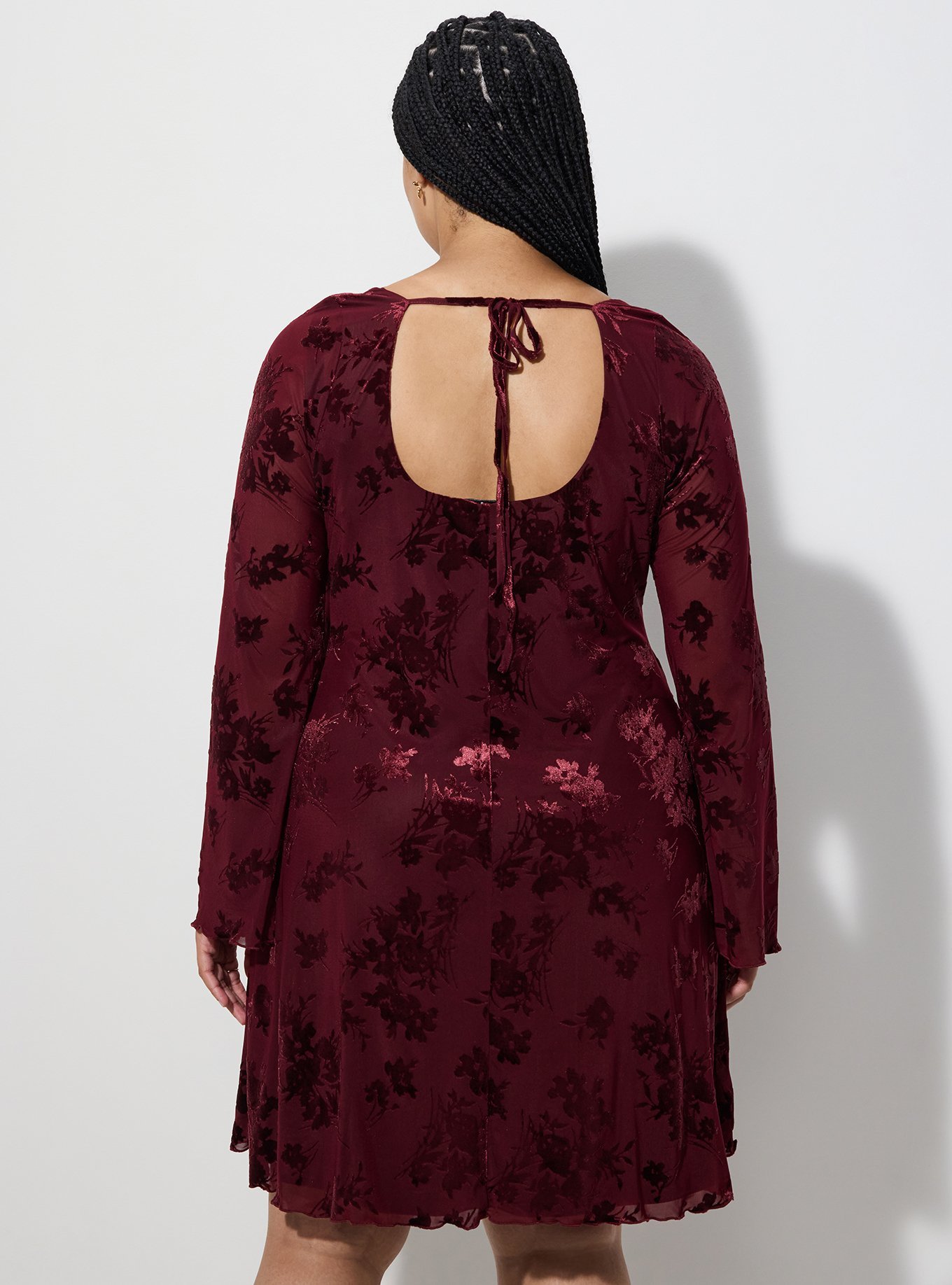 LoveSick Flocked Mesh Bell Sleeve Mini Dress, TROOPER FLORAL WINE, alternate
