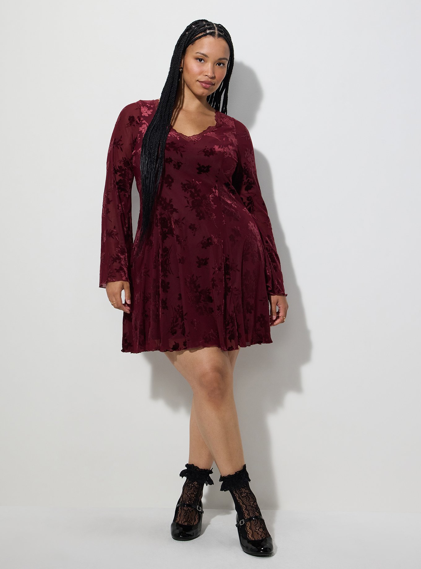 LoveSick Flocked Mesh Bell Sleeve Mini Dress, TROOPER FLORAL WINE, alternate