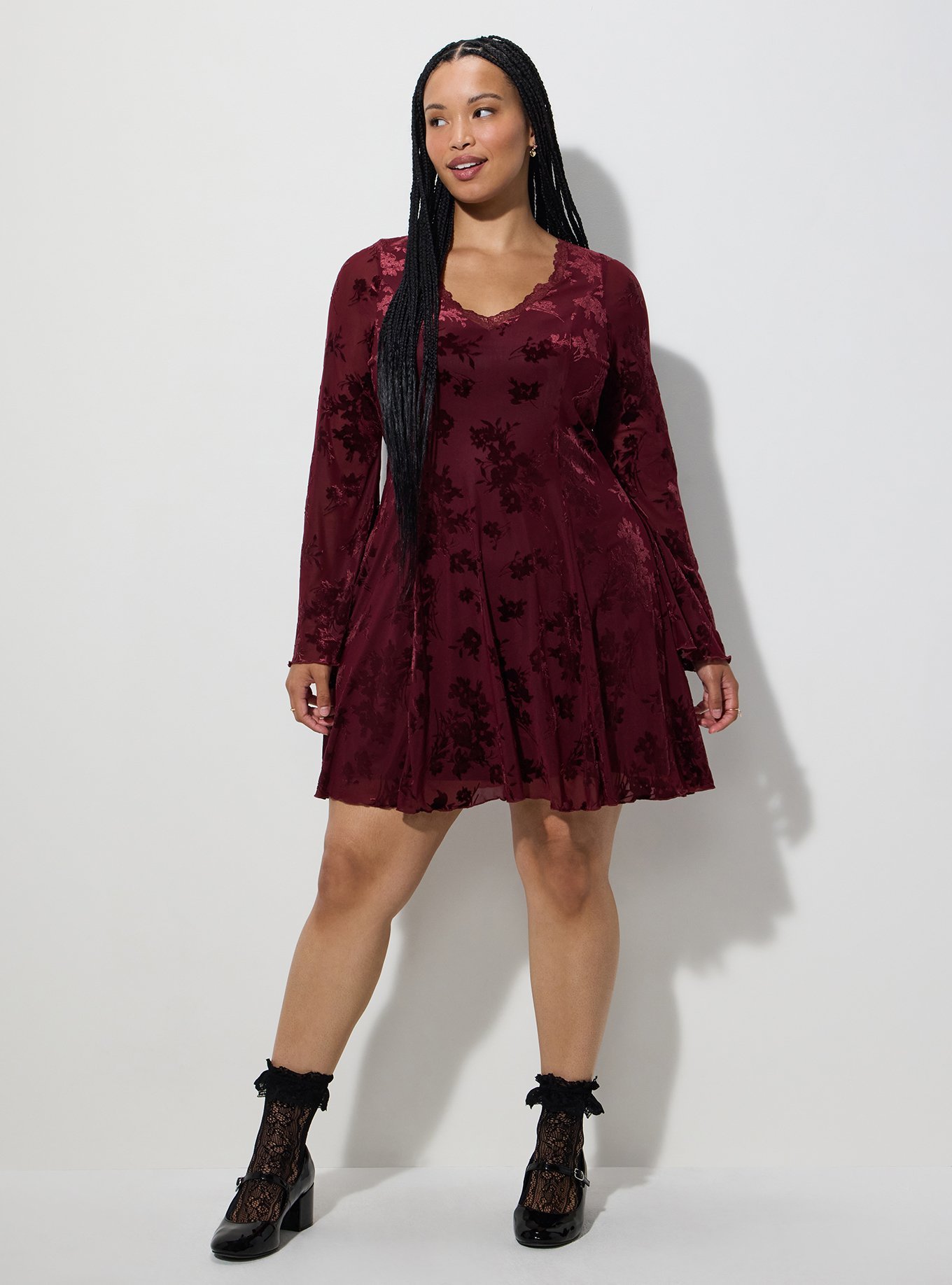 LoveSick Flocked Mesh Bell Sleeve Mini Dress, TROOPER FLORAL WINE, hi-res