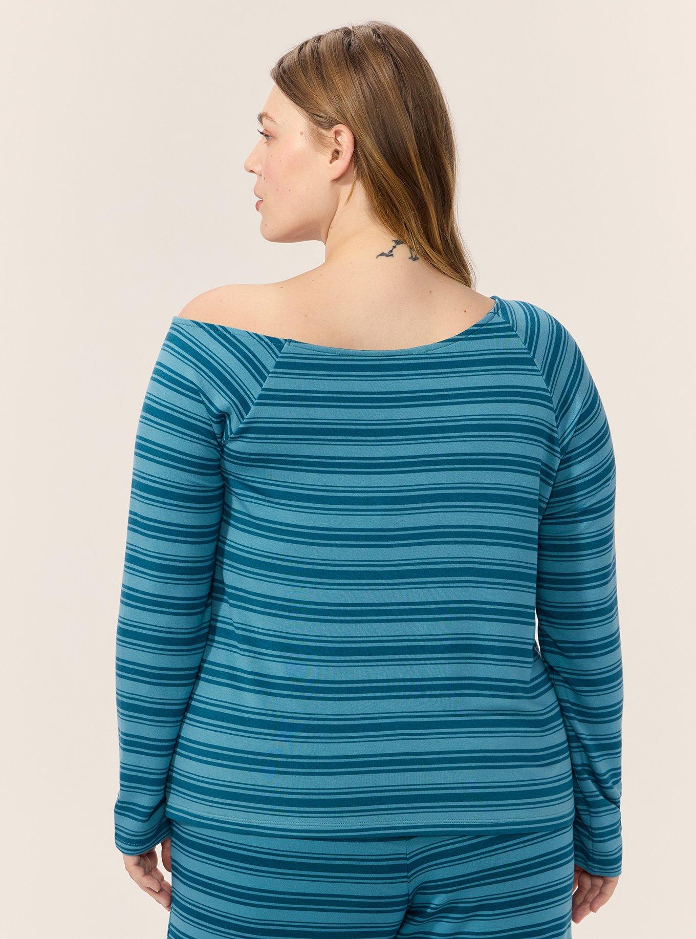 French Terry Off-Shoulder Top, KIRSTEN STRIPE TEAL, alternate