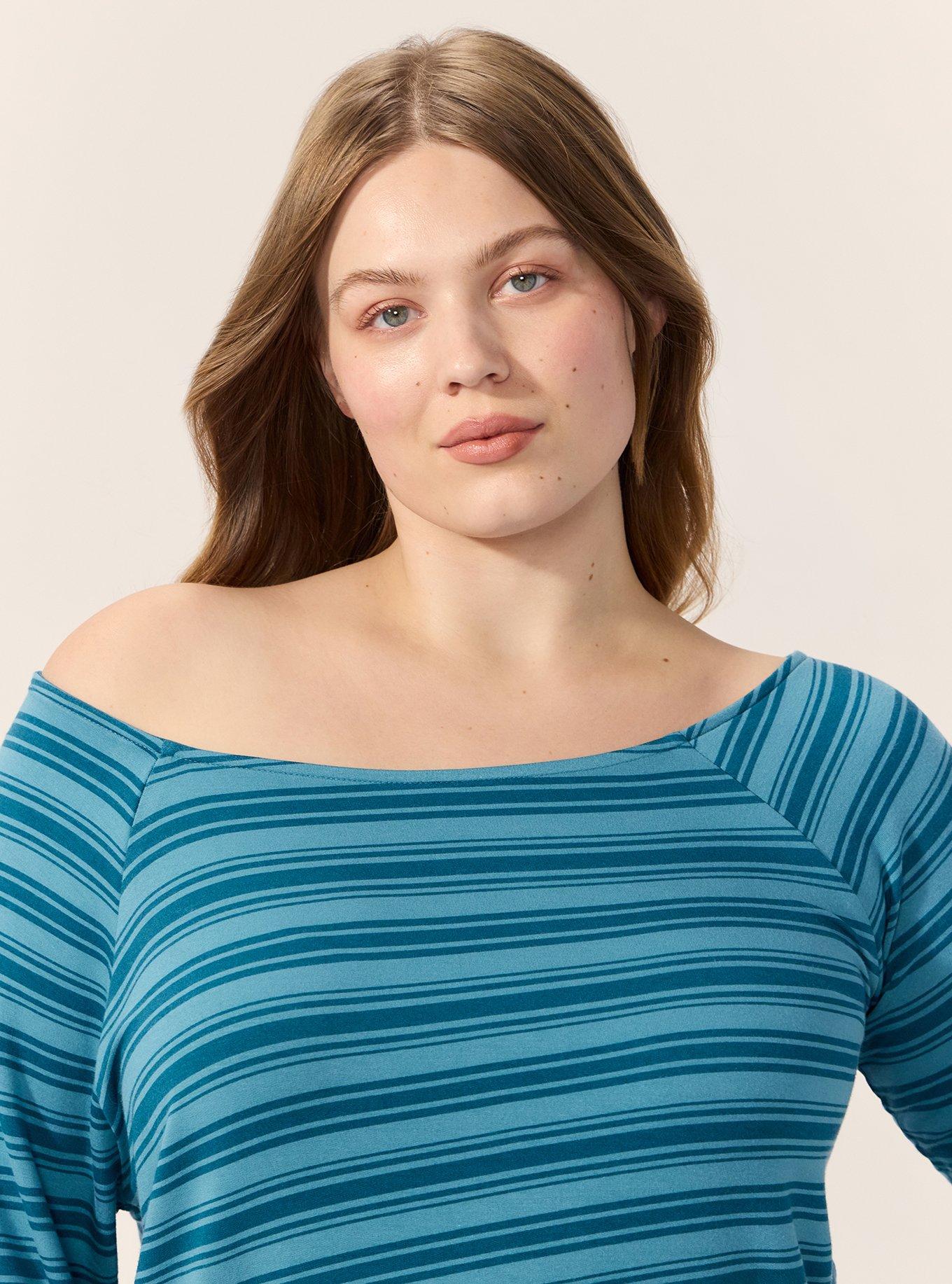 French Terry Off-Shoulder Top, KIRSTEN STRIPE TEAL, alternate